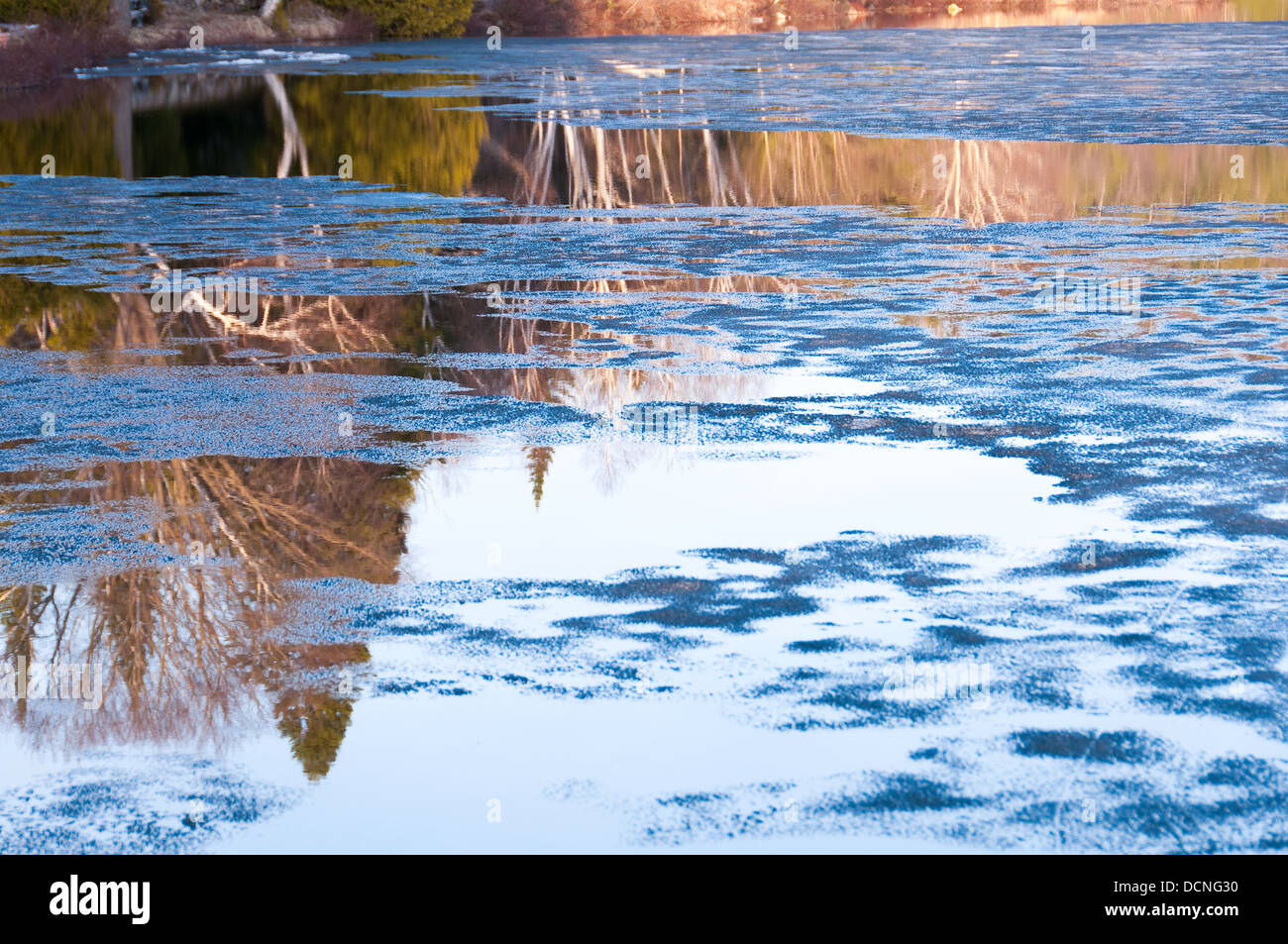 Fusione del ghiaccio e riflessioni su di un lago a primavera tempo nel paese del Quebec. Canada Foto Stock