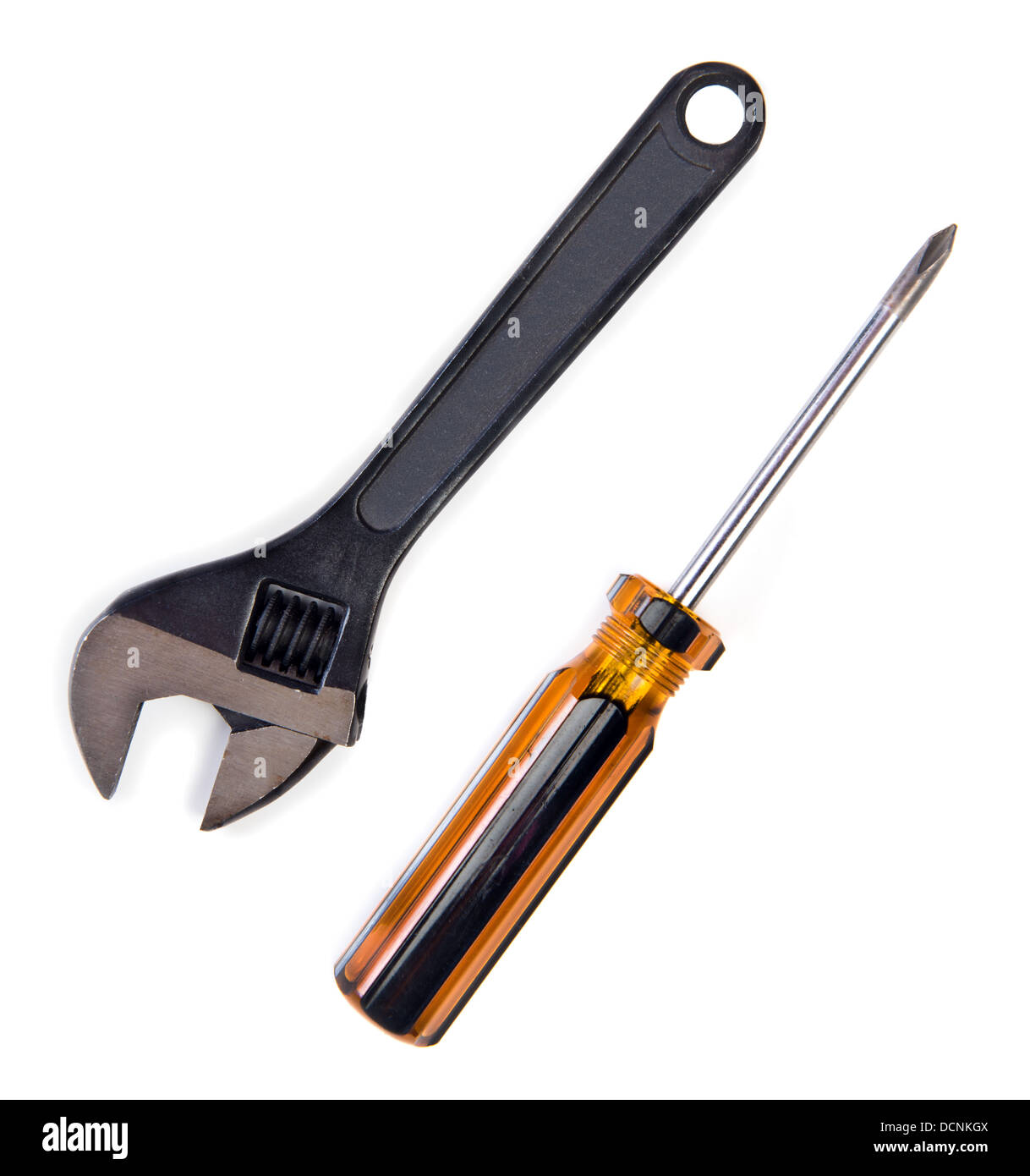 Chiave regolabile e un cacciavite tool kit isolato su bianco Foto Stock
