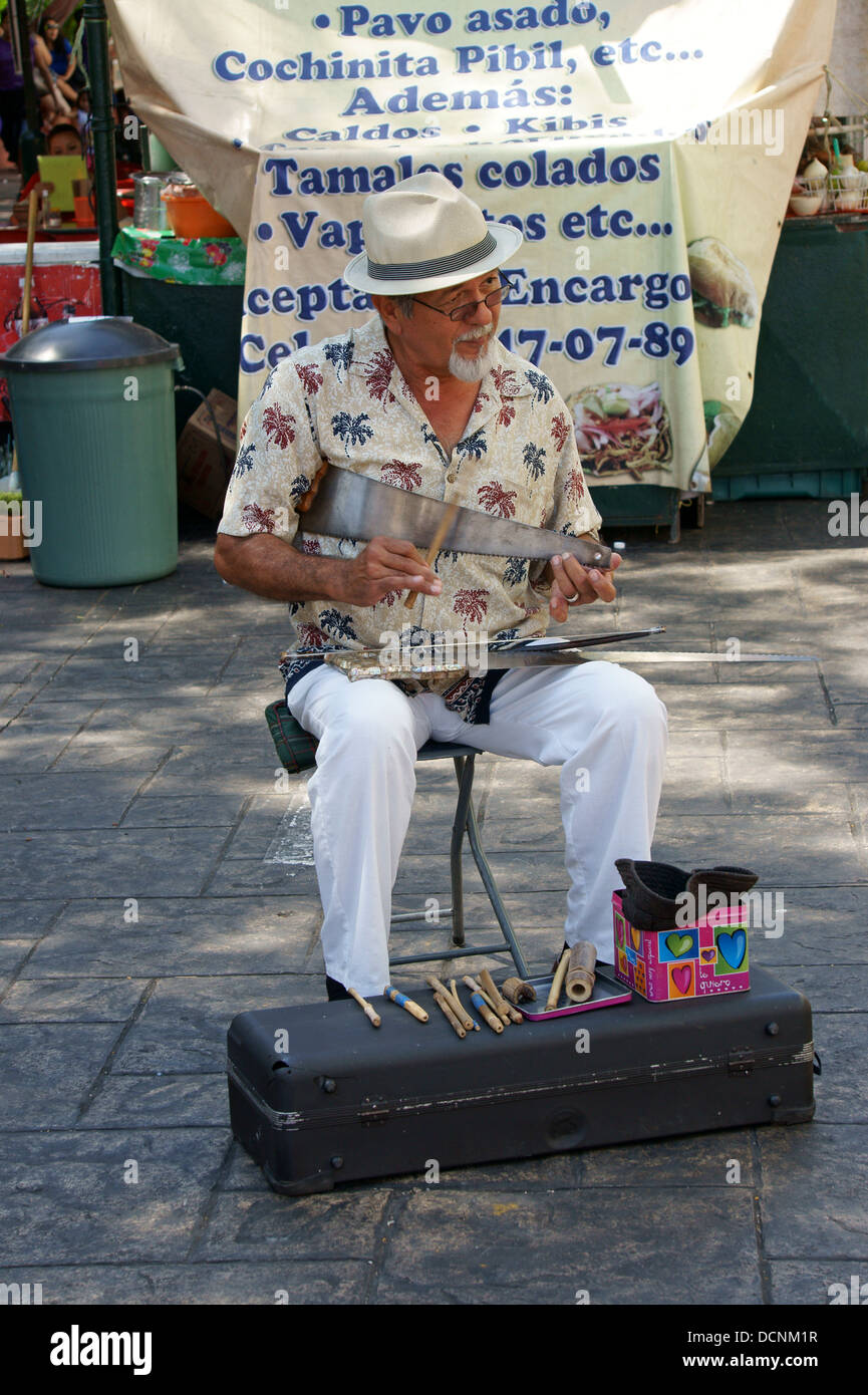 I vecchi musicista di strada giocando una sega musicale o canti vide in Merida, Messico Foto Stock