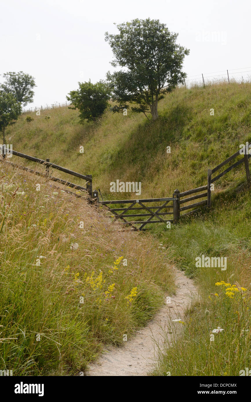 Il sentiero e gate a Morgans Hill. Calne. Wiltshire. Inghilterra Foto Stock