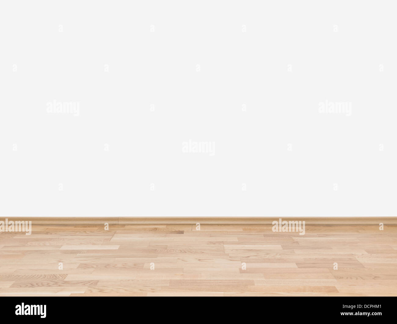 Vuoto muro bianco con pavimento in legno Foto Stock