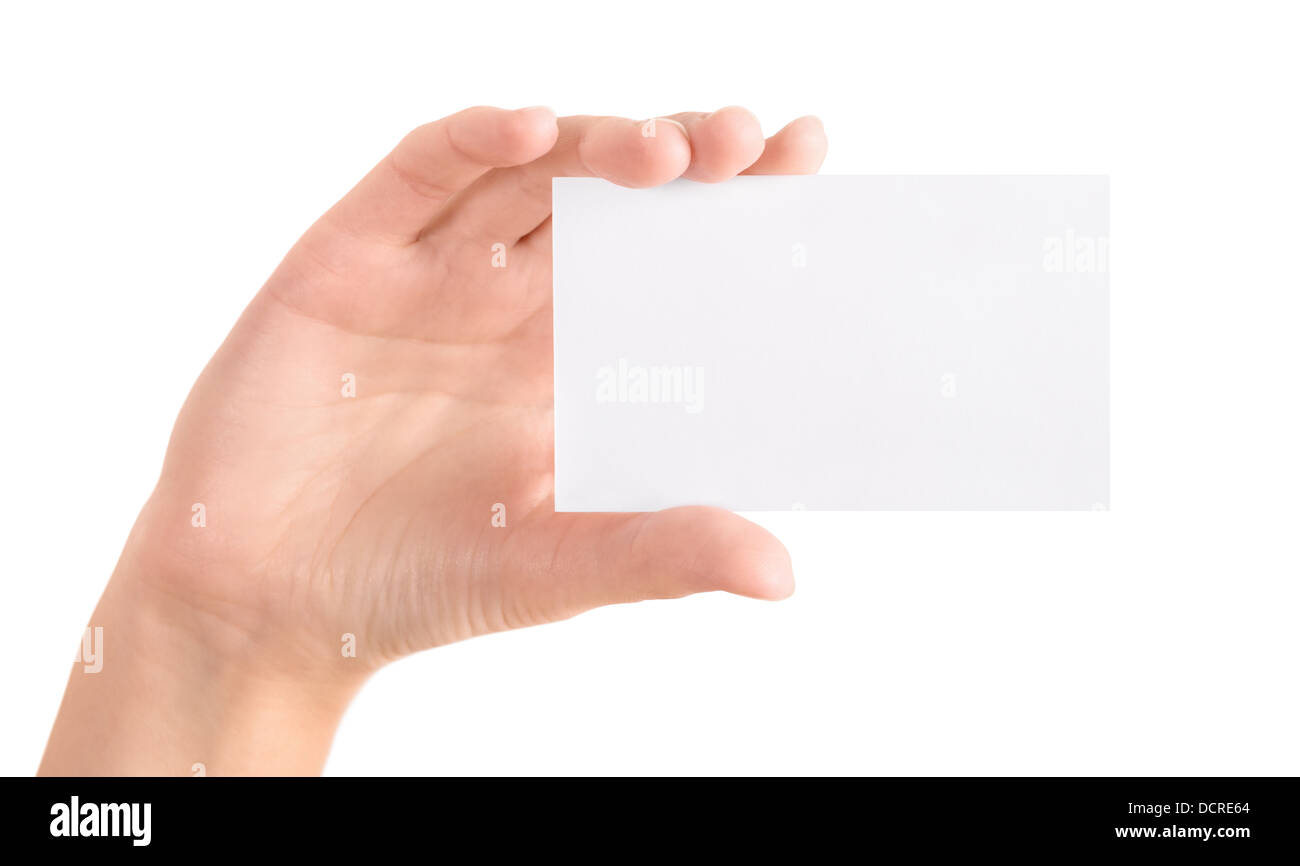 Mano azienda blank business card isolato Foto Stock