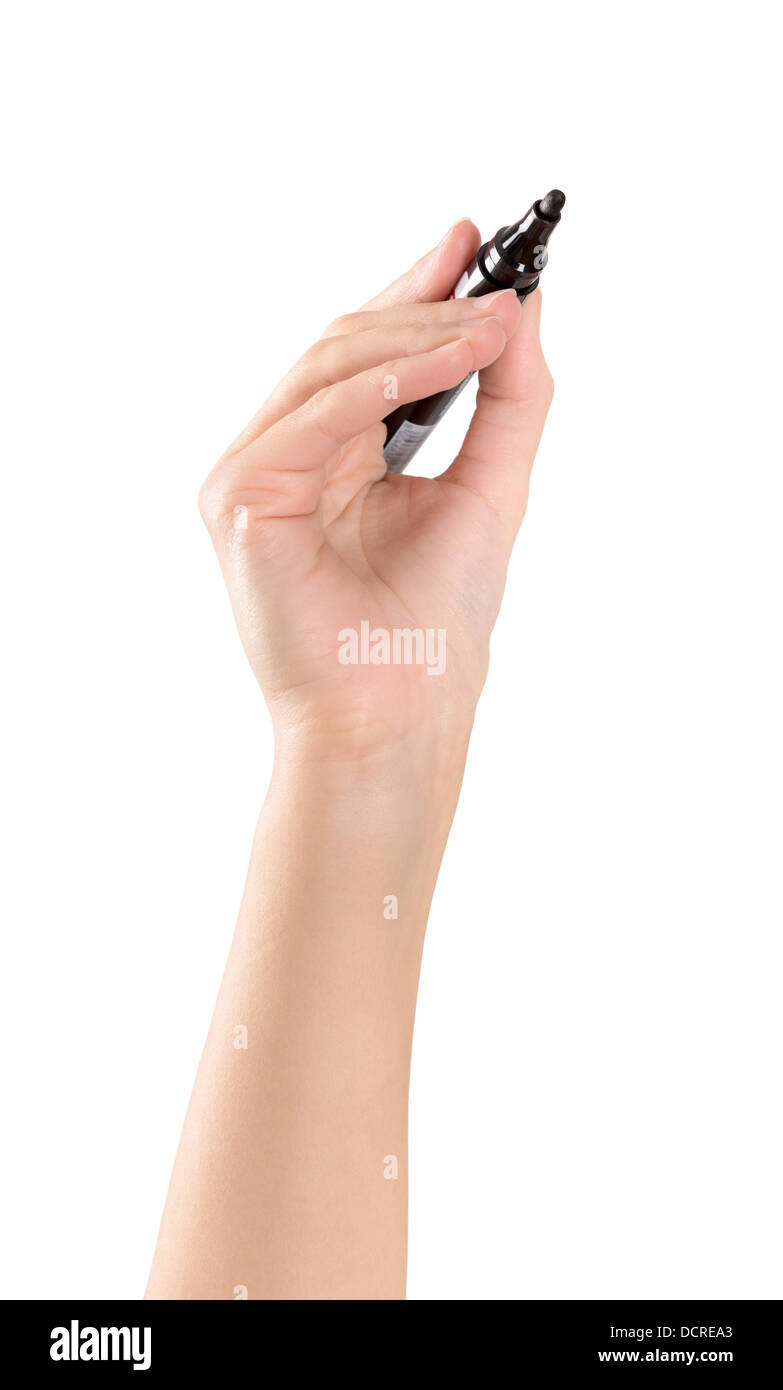 Mano con marcatore a partire disegno isolato Foto Stock
