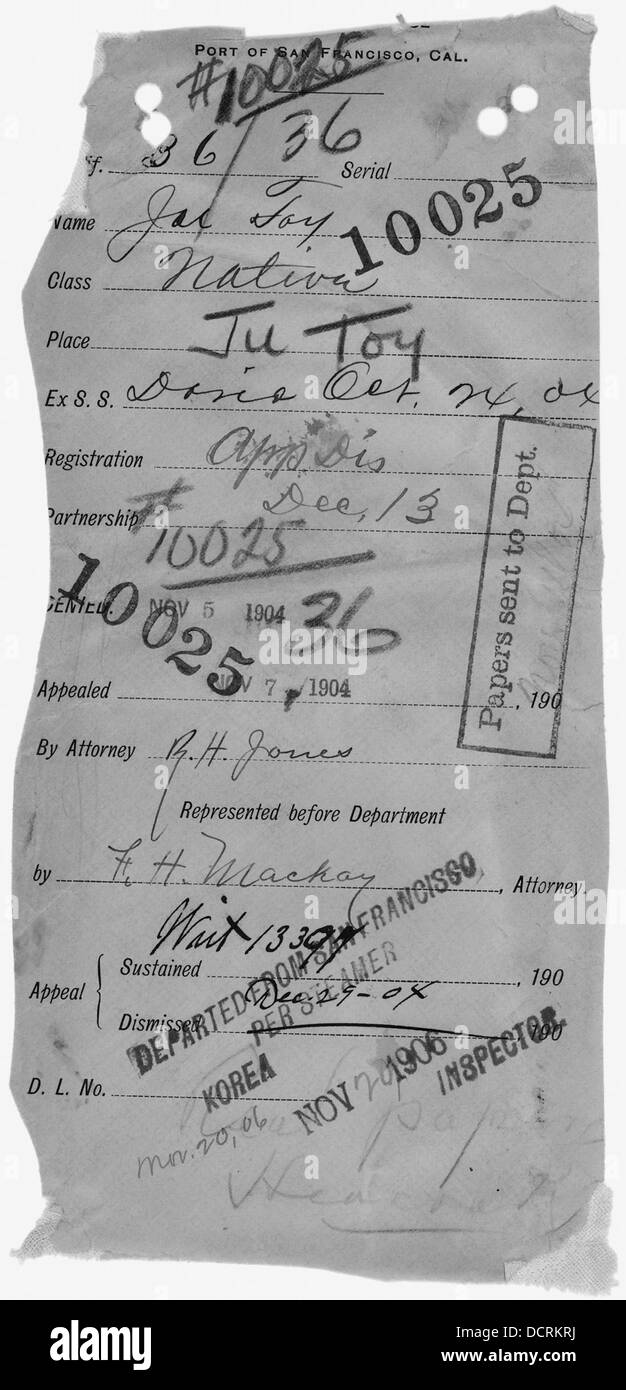 File annotato camicia (datata da Ju Toy arrivo il Ott 24, 1904 a partì da San Francisco al sistema di cottura a vapore Corea... - - 296458 Foto Stock