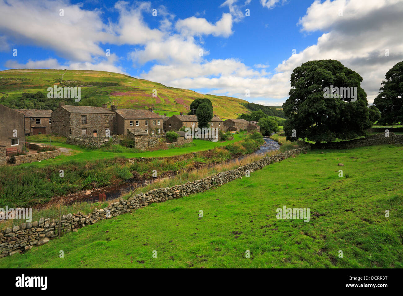 Thwaite Beck e Kisdon Hill, Thwaite, Swaledale, North Yorkshire, Yorkshire Dales National Park, Inghilterra, Regno Unito. Foto Stock