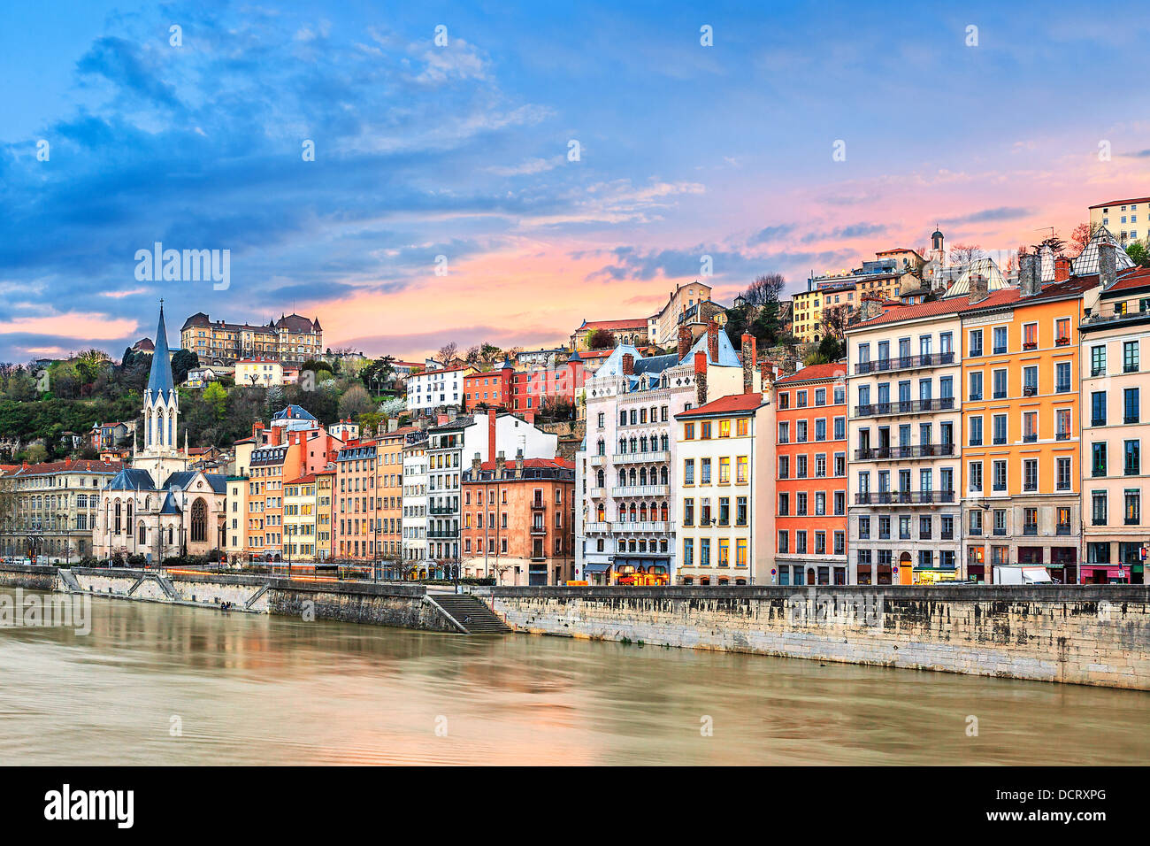 Tramonto sul fiume Saone a Lione, Francia Foto Stock