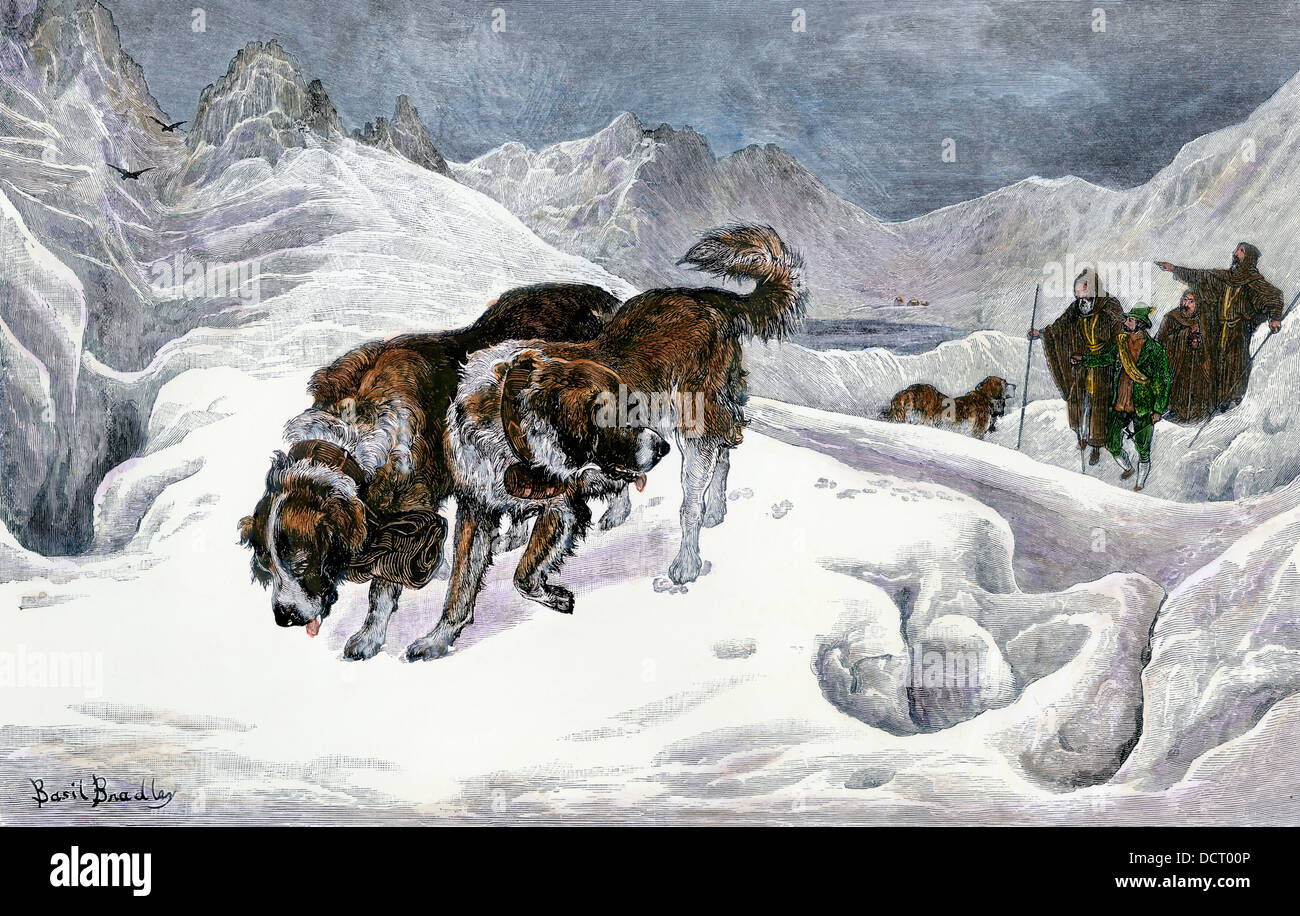 San Bernardo cani e monaci su una missione di soccorso nelle Alpi. Colorate a mano la xilografia Foto Stock