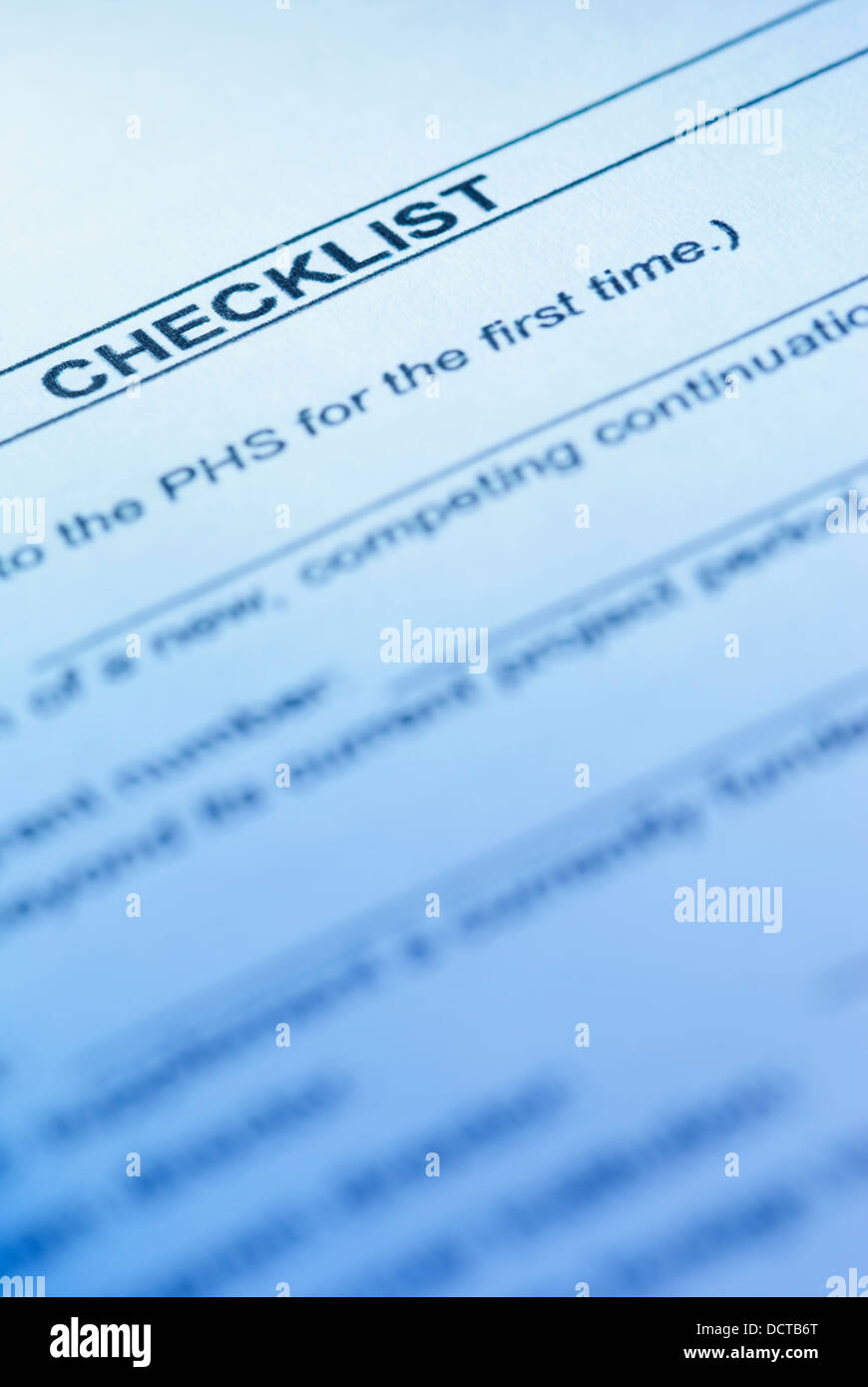Elenco di controllo del servizio pubblico di sanità Foto Stock