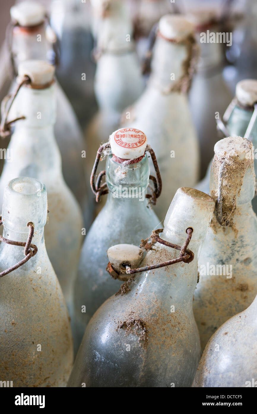 Una selezione di vecchi, polverose bottiglie di limonata Foto Stock