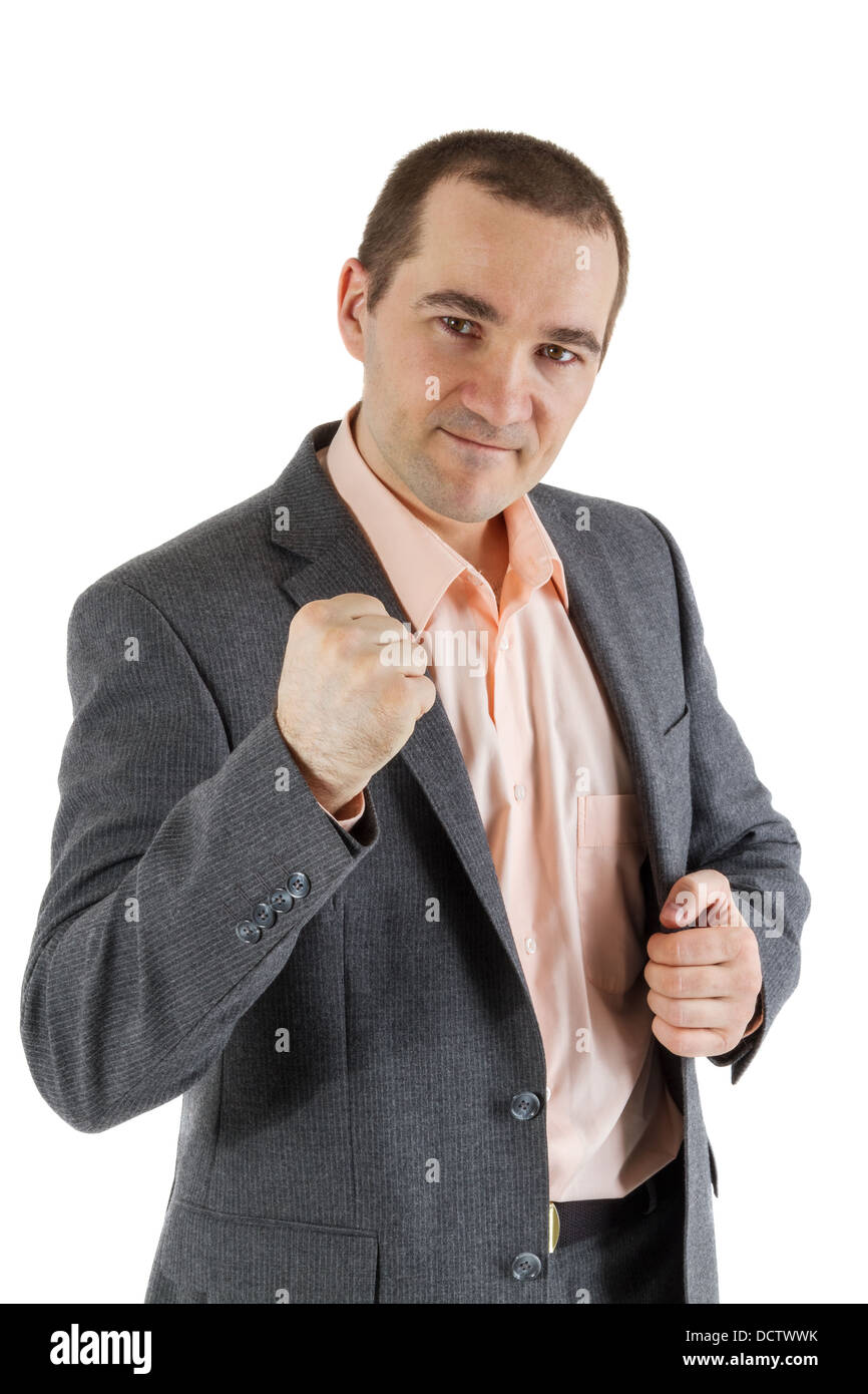 Un uomo con un volitivo gesto su sfondo bianco Foto Stock