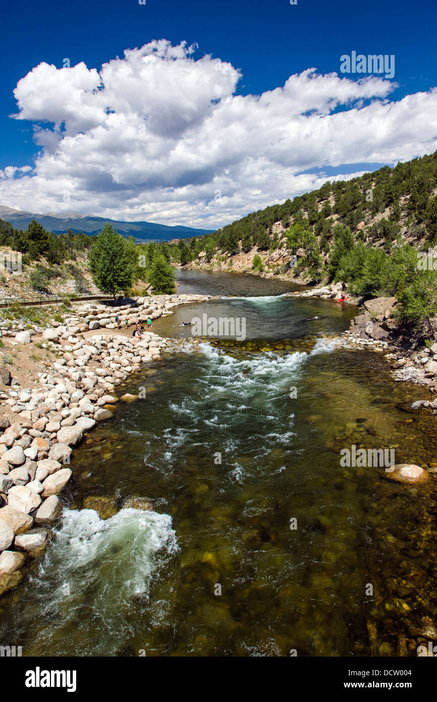 Kayaker, nuotatori e cane in Arkansas River, Buena Vista, Colorado, STATI UNITI D'AMERICA Foto Stock