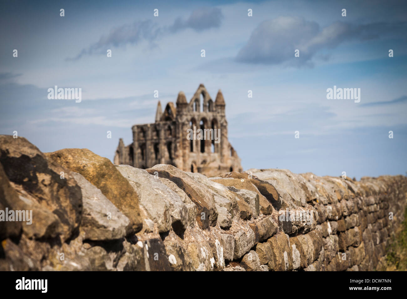 Whitby Abbey, North Yorkshire, Inghilterra - una vista diversa di Whitby Abbey, il focus è sulla parete. Foto Stock