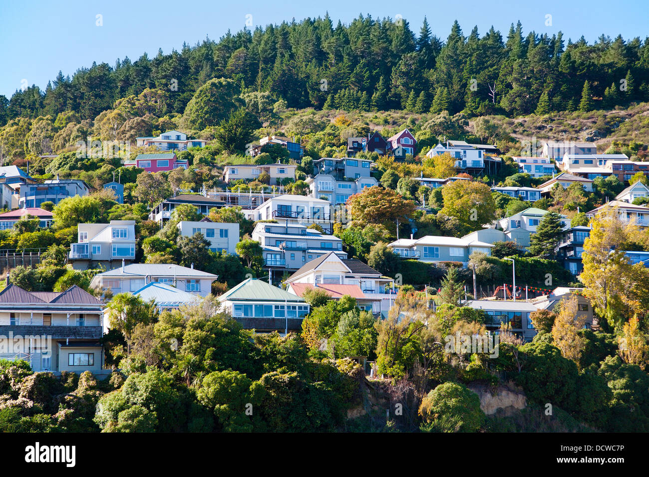 Case sulla collina che si affaccia Lyttelton Harbour, Christchurch, Canterbury, Isola del Sud, Nuova Zelanda Foto Stock