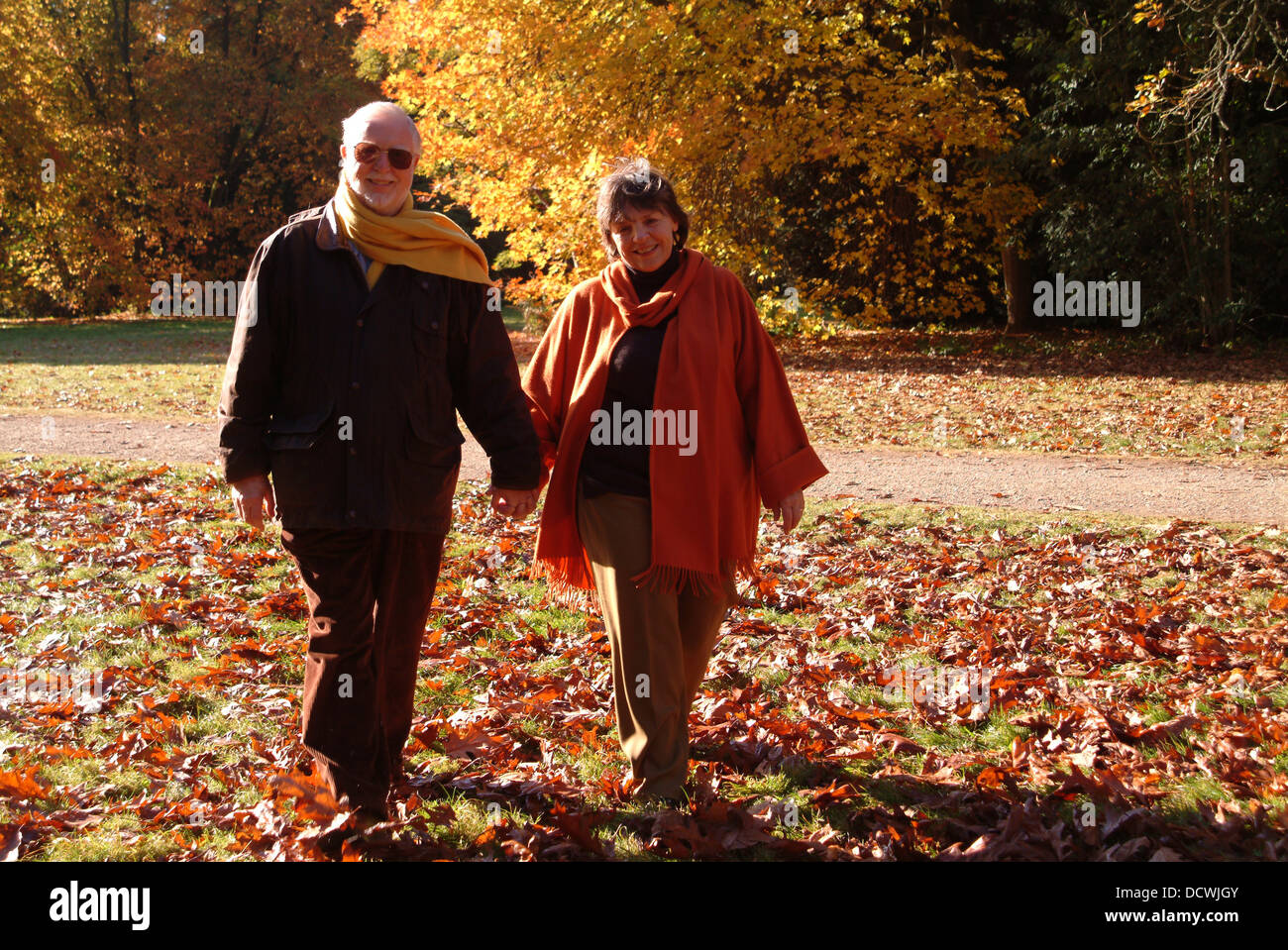 Coppia di mezza età camminando mano nella mano nel bosco su una bella giornata d'autunno Foto Stock