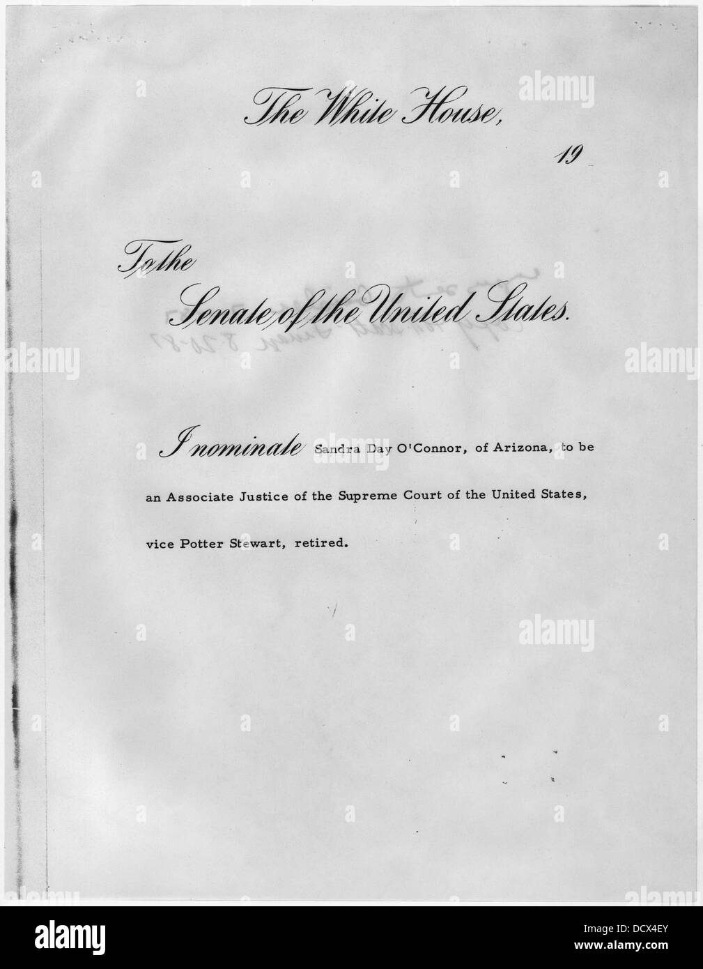 Transmittal formale, da Ronald Reagan al Senato, della nomina di Sandra GIORNO O Connor per essere un socio... - - 198425 Foto Stock