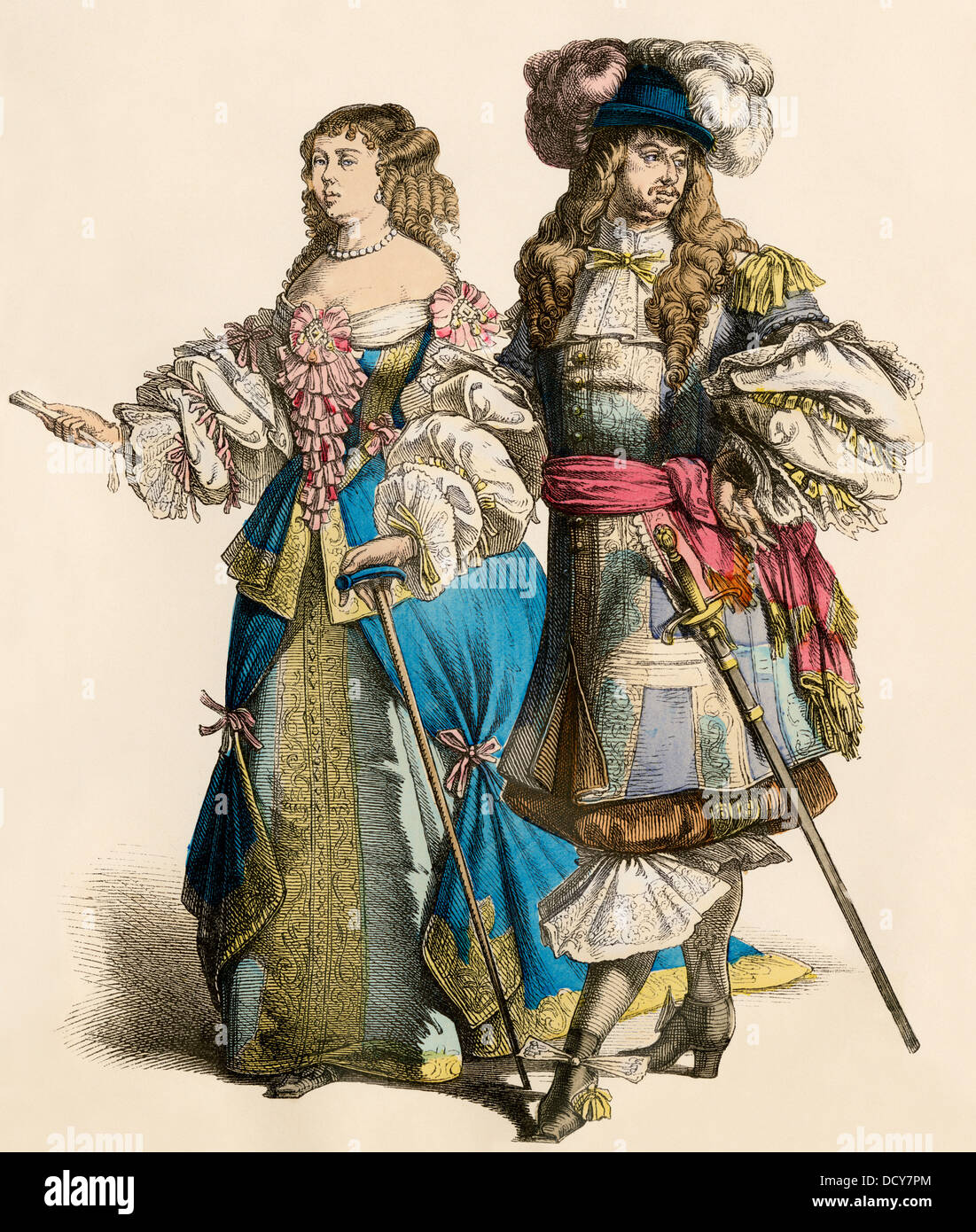 Cavalier francese e la sua signora, 1600s. Colorate a mano la stampa Foto Stock