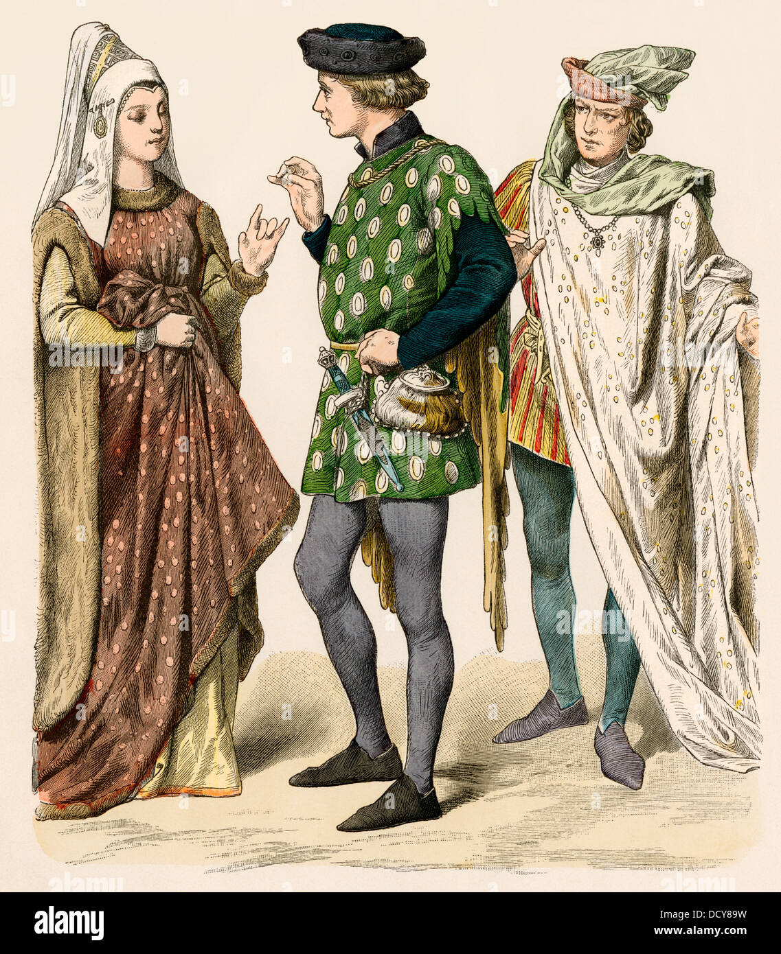 I cittadini inglesi dei primi 1400s. Colorate a mano la stampa Foto Stock