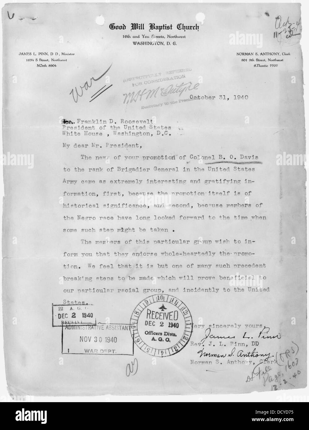 Questa lettera, scritta dal reverendo James L. Pinn, D.D. e Norman S. Anthony, pastore e impiegato di una chiesa di Washington, D.C., fornisce informazioni sugli affari religiosi e sociali durante il suo tempo. Foto Stock