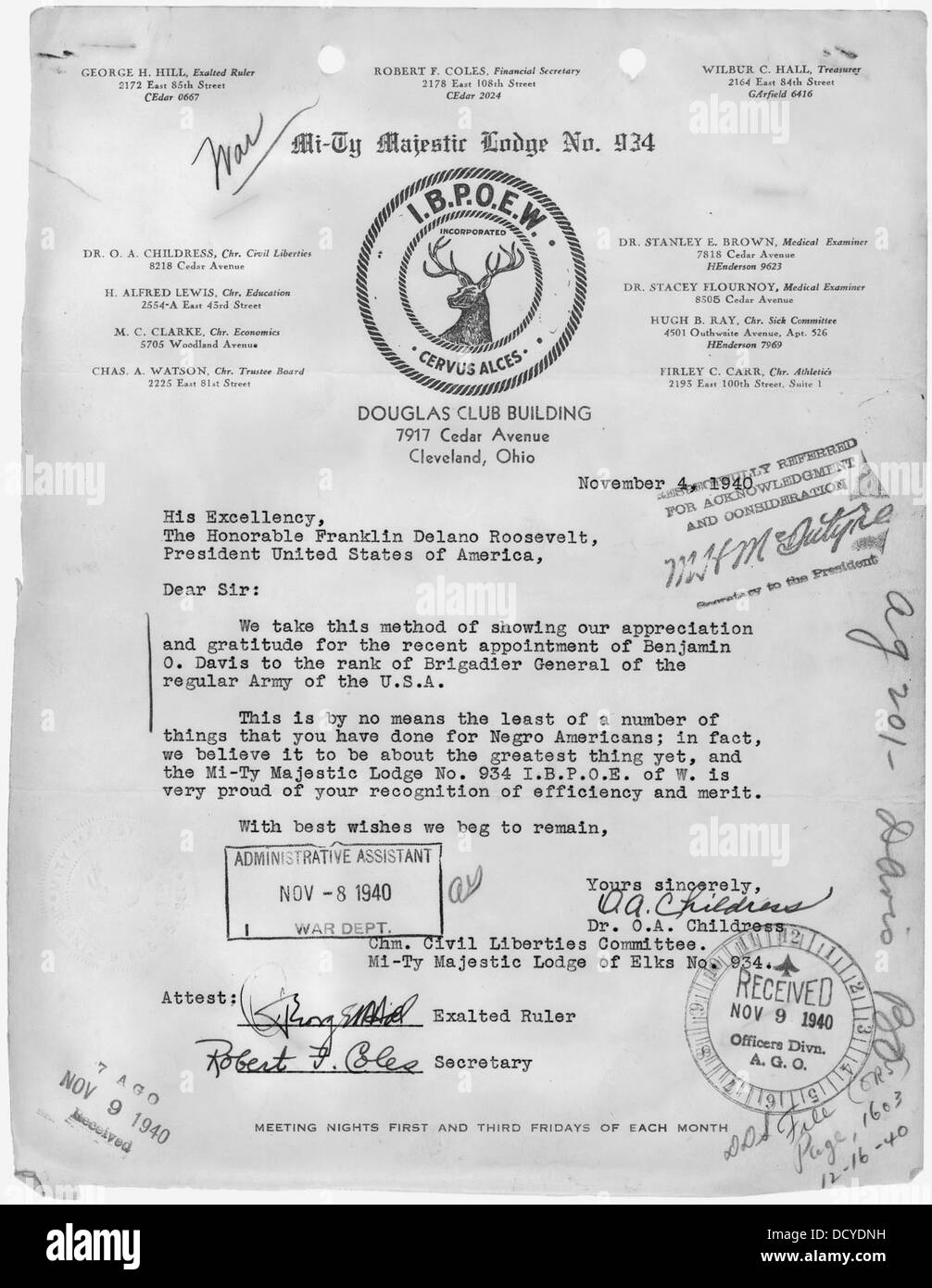 Lettera del Dott. O. A. Childress di Cleveland, Ohio, presidente del Comitato delle libertà civili del mi-Ty Majestic... - 299746 Foto Stock