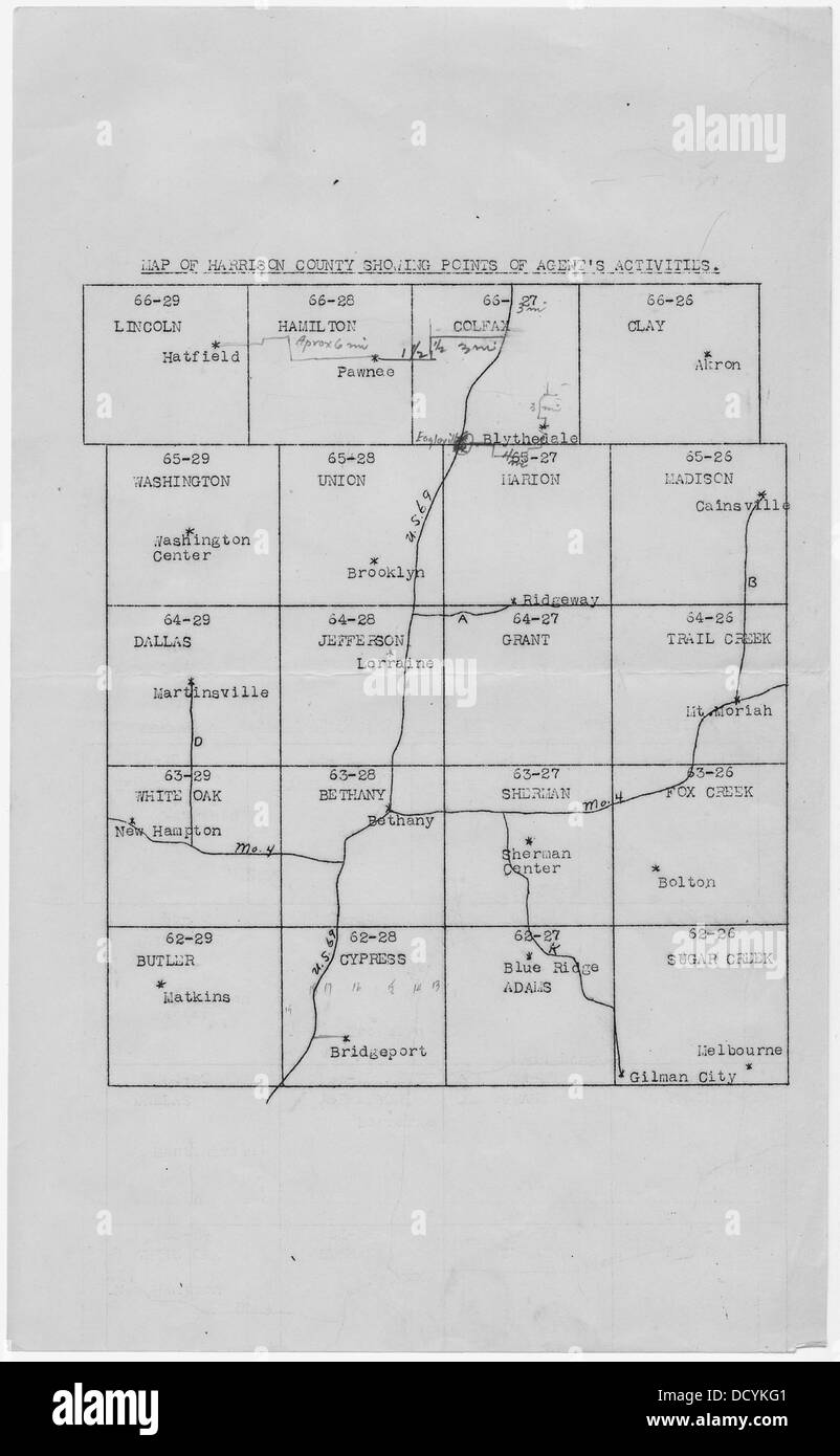 Una mappa della contea di Harrison, Missouri, che mostra i punti chiave di attività relativi al lavoro di un agente nella zona. Foto Stock