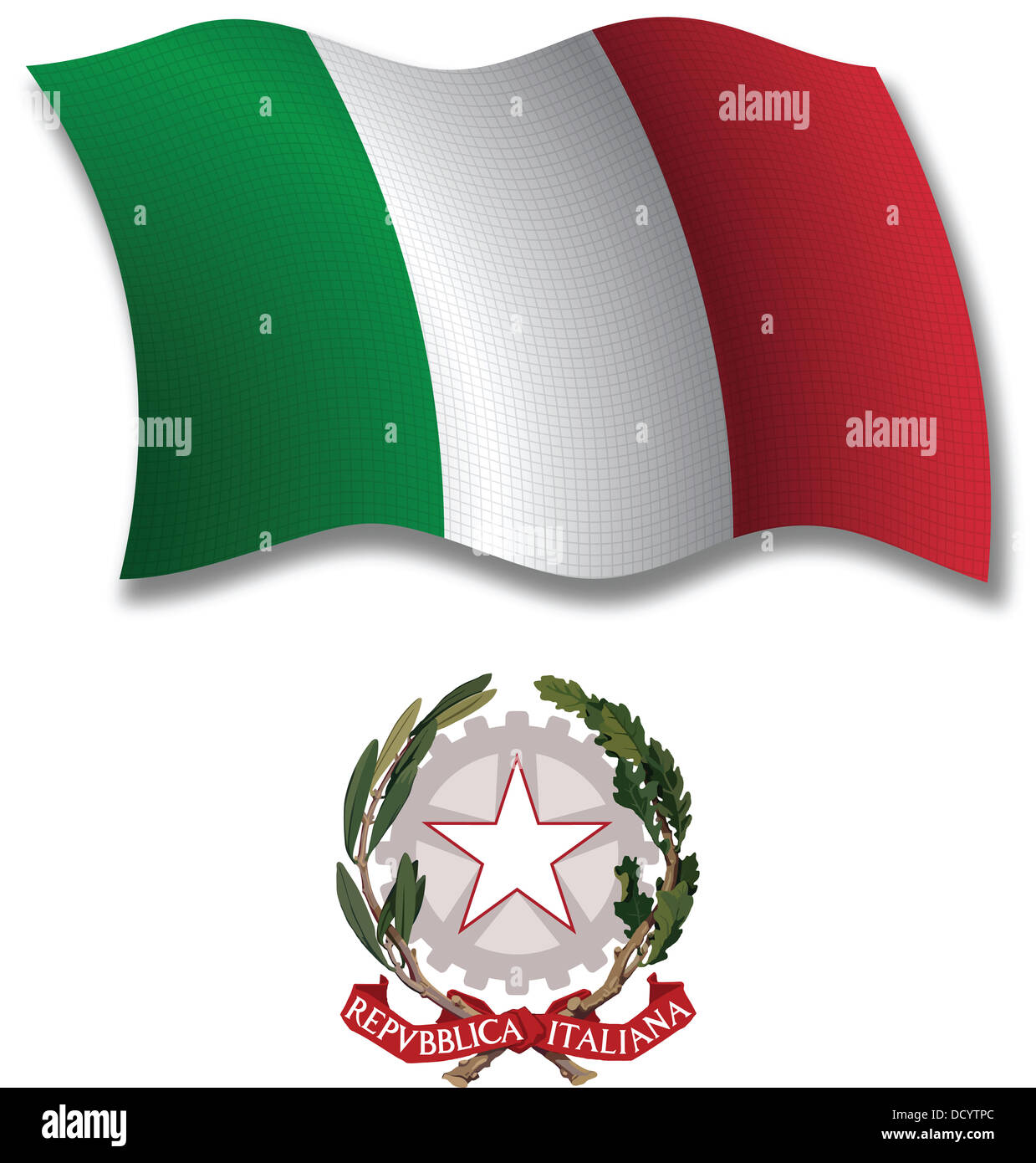Italia ombreggiato ondulata testurizzata bandiera e stemma contro uno sfondo bianco, arte vettoriale illustrazione Foto Stock