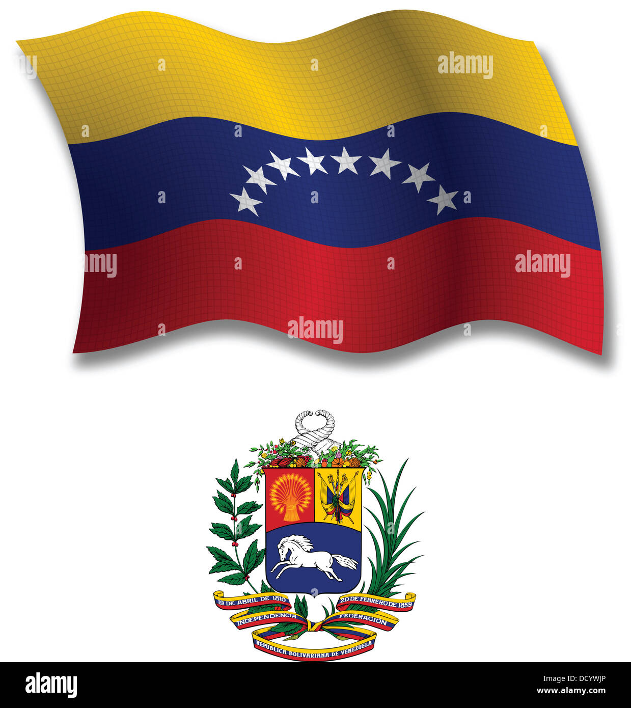 Venezuela ombreggiato ondulata testurizzata bandiera e stemma contro uno sfondo bianco, arte vettoriale illustrazione Foto Stock