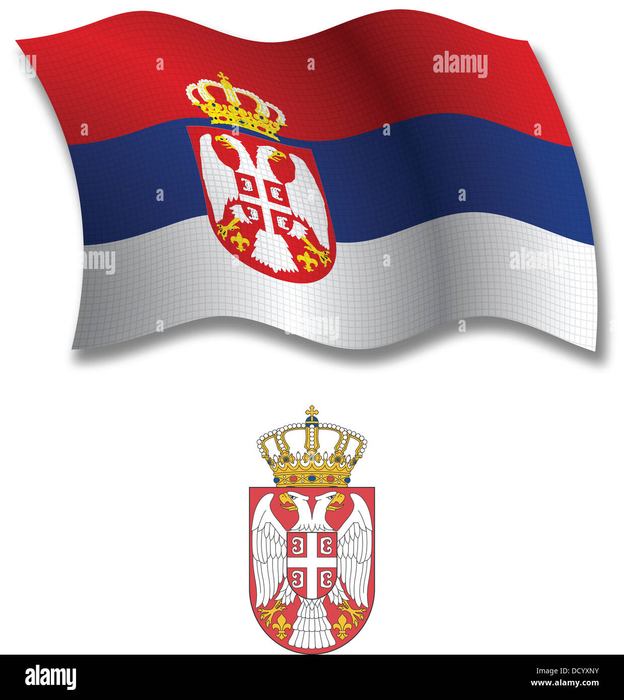 La Serbia di shadowing ondulata testurizzata bandiera e stemma contro uno sfondo bianco, arte vettoriale illustrazione Foto Stock