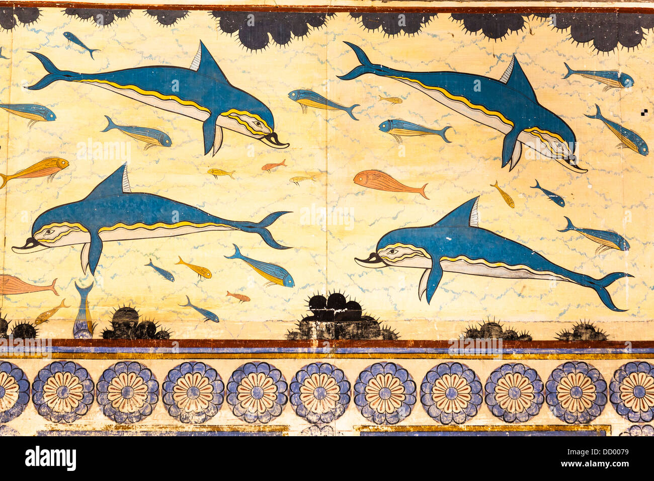 Dolphin affresco del Queen's Megaron, Il Palazzo di Cnosso, Cnosso, Creta, Grecia Foto Stock