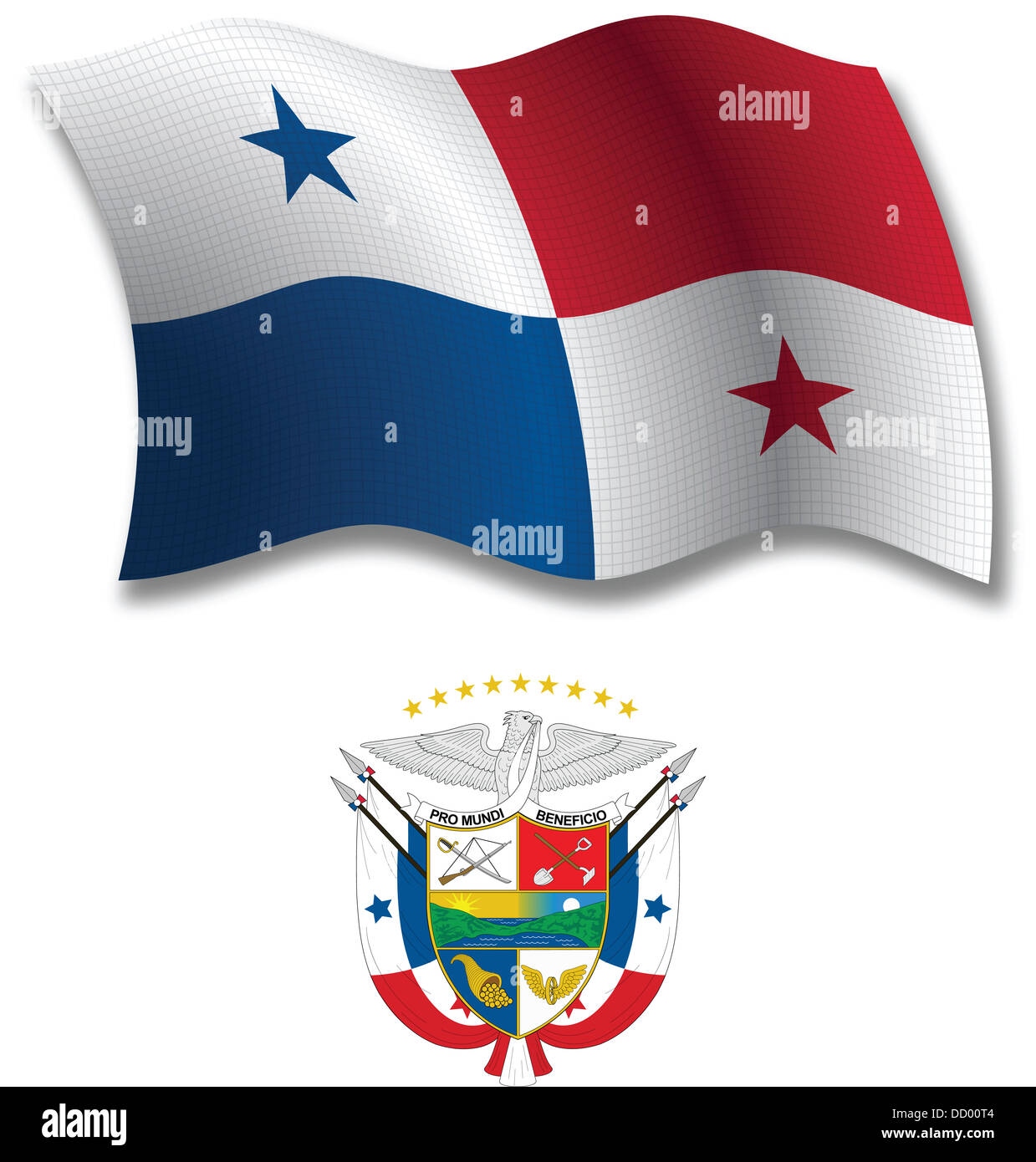 Panama ombreggiato ondulata testurizzata bandiera e stemma contro uno sfondo bianco, arte vettoriale illustrazione Foto Stock