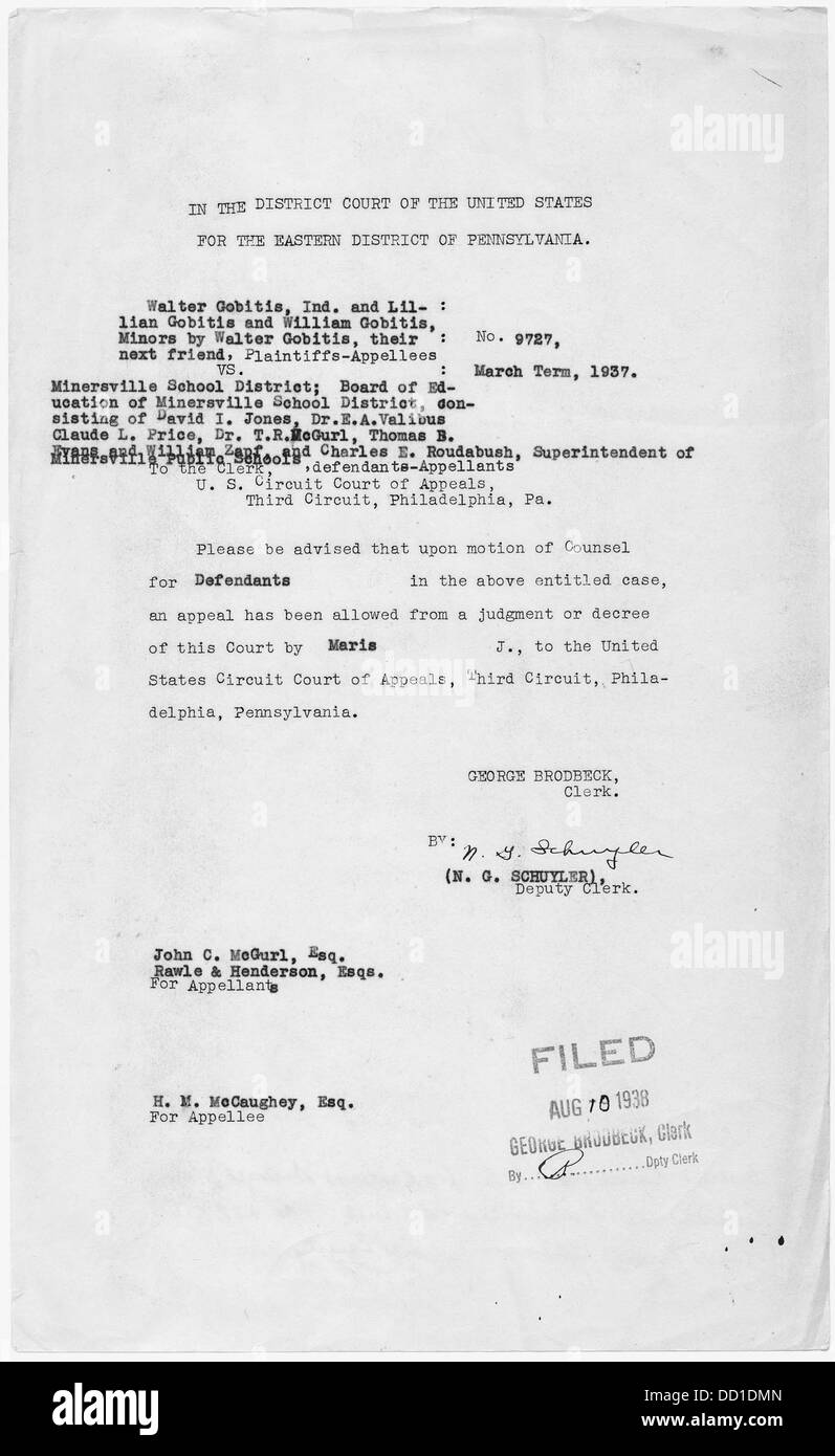 La notifica di un ricorso presentato nel caso Gobitis, una questione legale riguardante i diritti degli studenti di rifiutare di recitare il Pledge of Allegiance basato sulle credenze religiose. Questo caso ha avuto implicazioni significative per i diritti del primo emendamento. Foto Stock