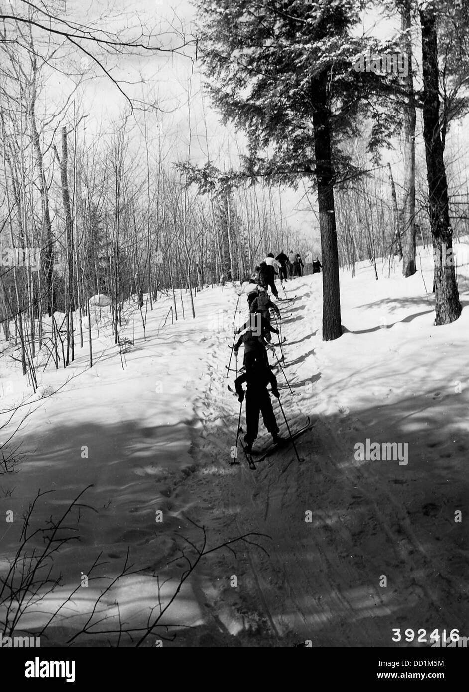 Una fotografia che mostra un gruppo di sciatori, probabilmente impegnati in sport invernali. Lo sci è uno sport ricreativo popolare e competitivo nelle regioni con montagne innevate. Foto Stock