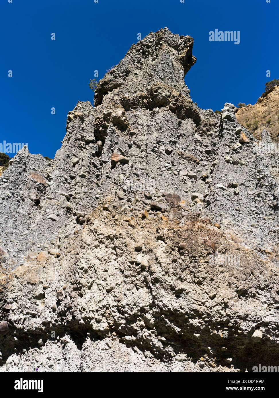 dh Badlands erosione GEOLOGICA NZ pilastri geologici di roccia Aorangi gamme Putangirua Pinnacles geologia paesaggio roccioso nuova zelanda terra pilastro Foto Stock