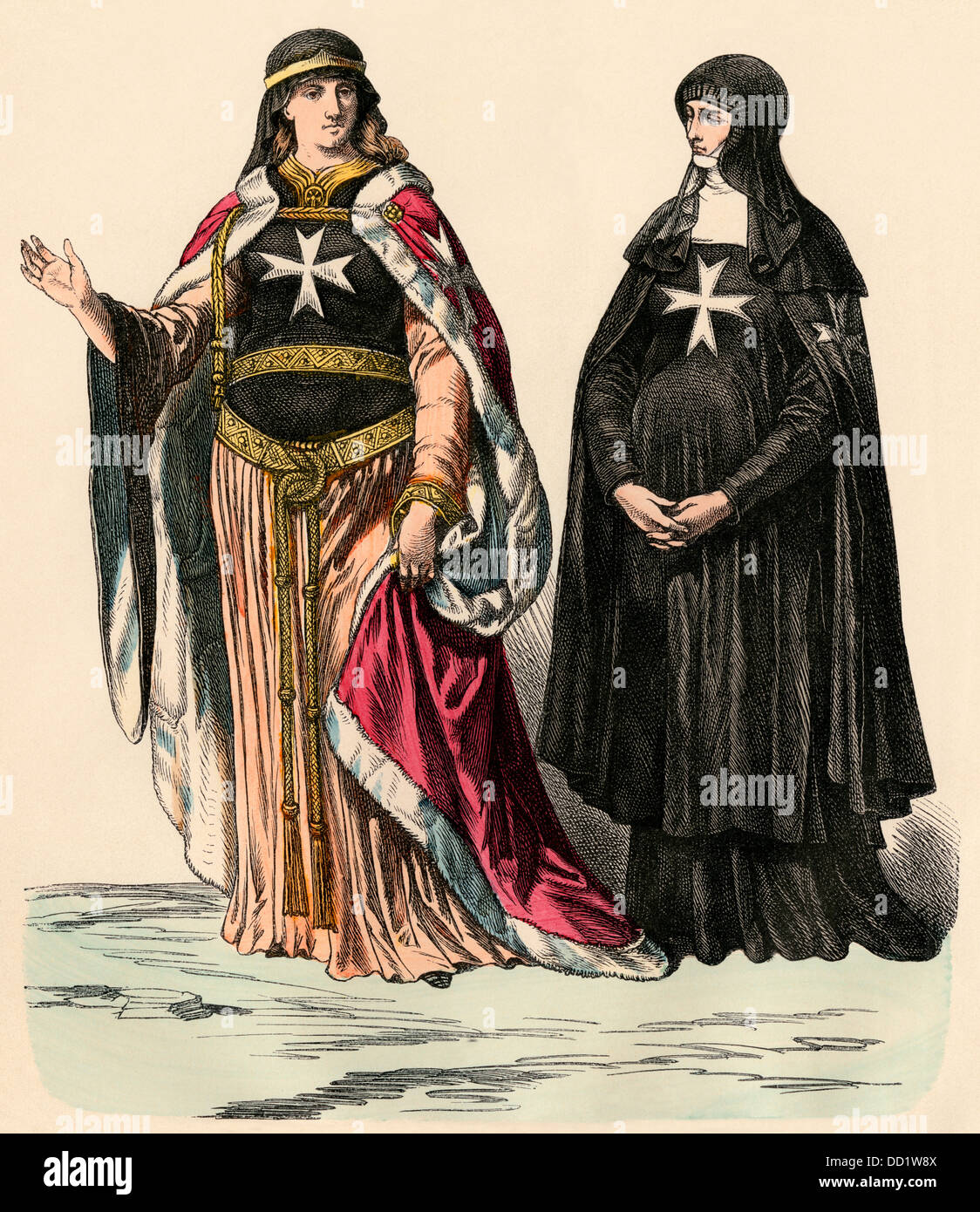 Le donne dell'Ordine di San Giovanni, o Ospitalieri, durante il periodo delle crociate. Colorate a mano la stampa Foto Stock