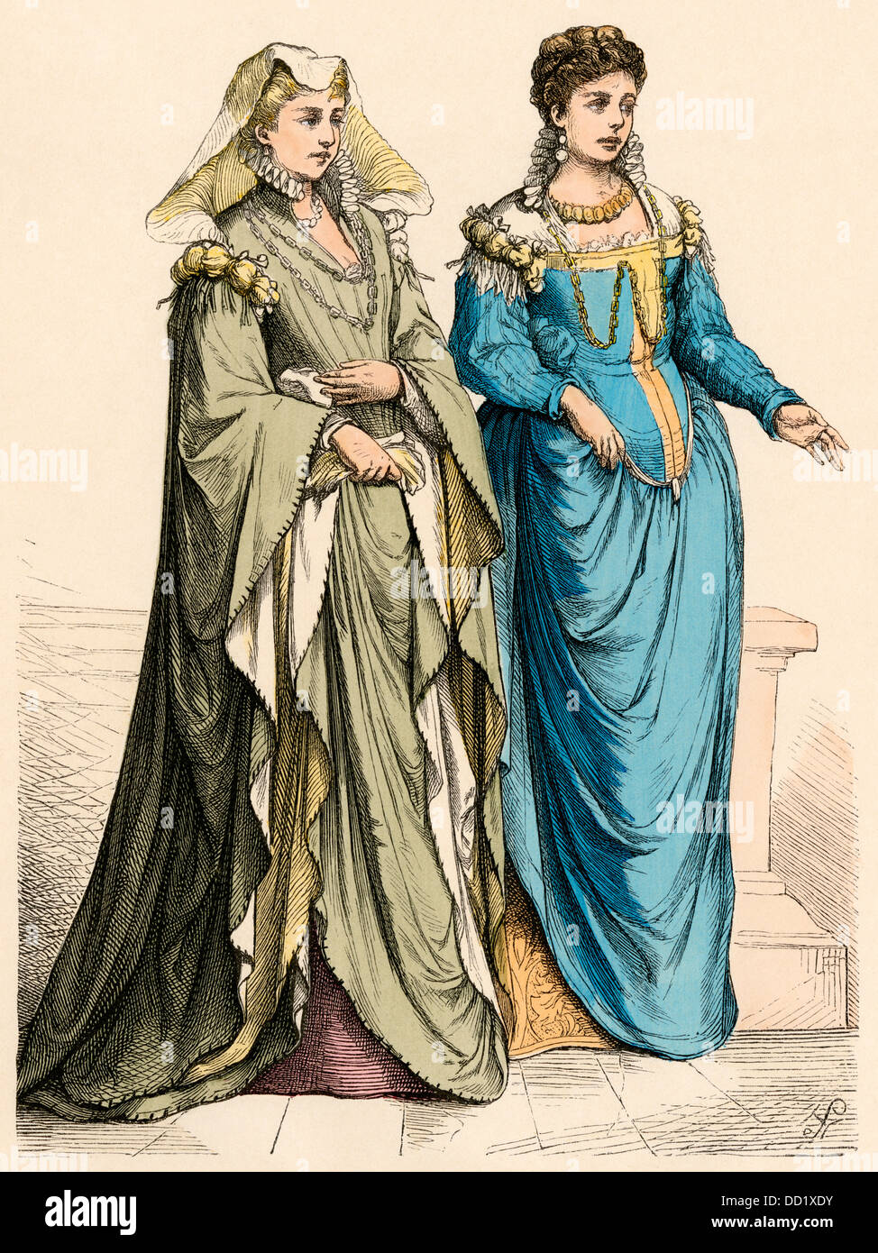 Le donne italiane da Roma (sinistra) e Siena, 1500s. Colorate a mano la stampa Foto Stock