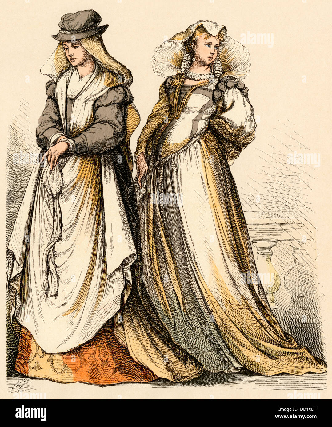 Le donne italiane da Firenze (sinistra) e Padova, 1500s. Colorate a mano la stampa Foto Stock