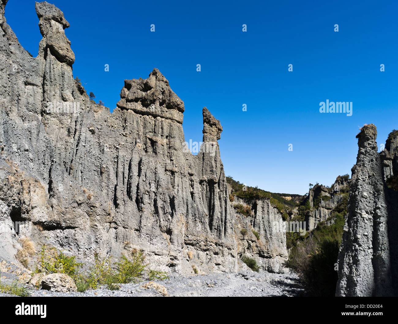 dh Putangirua Pinnacles WAIRARAPA NUOVA ZELANDA Donna turistica formazione geologica roccia terra pilastri Aorangi Ranges valle paesaggio roccioso Foto Stock