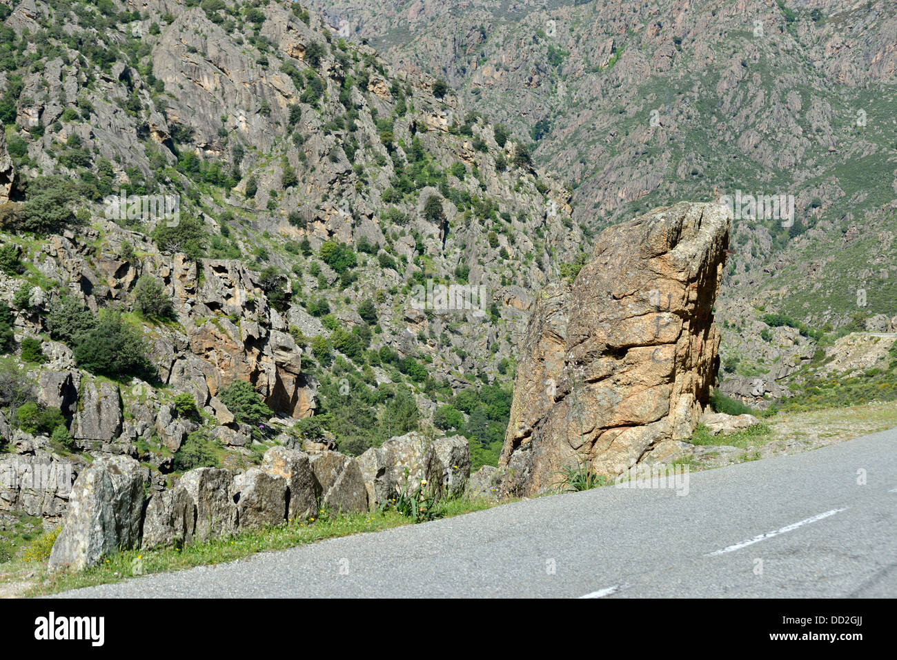 Paesaggio di montagna lungo la Scala di Santa Regina road, Niolo Valley, centrale Monti, Corsica, Francia Foto Stock