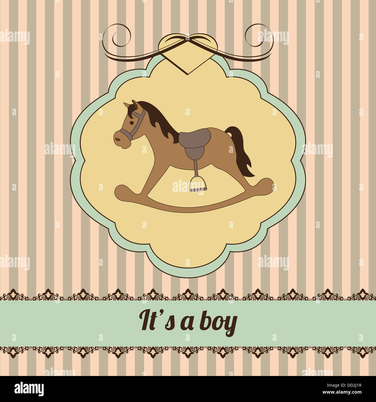 Baby arrivo annuncio, mascotte cavallo nel telaio Foto Stock