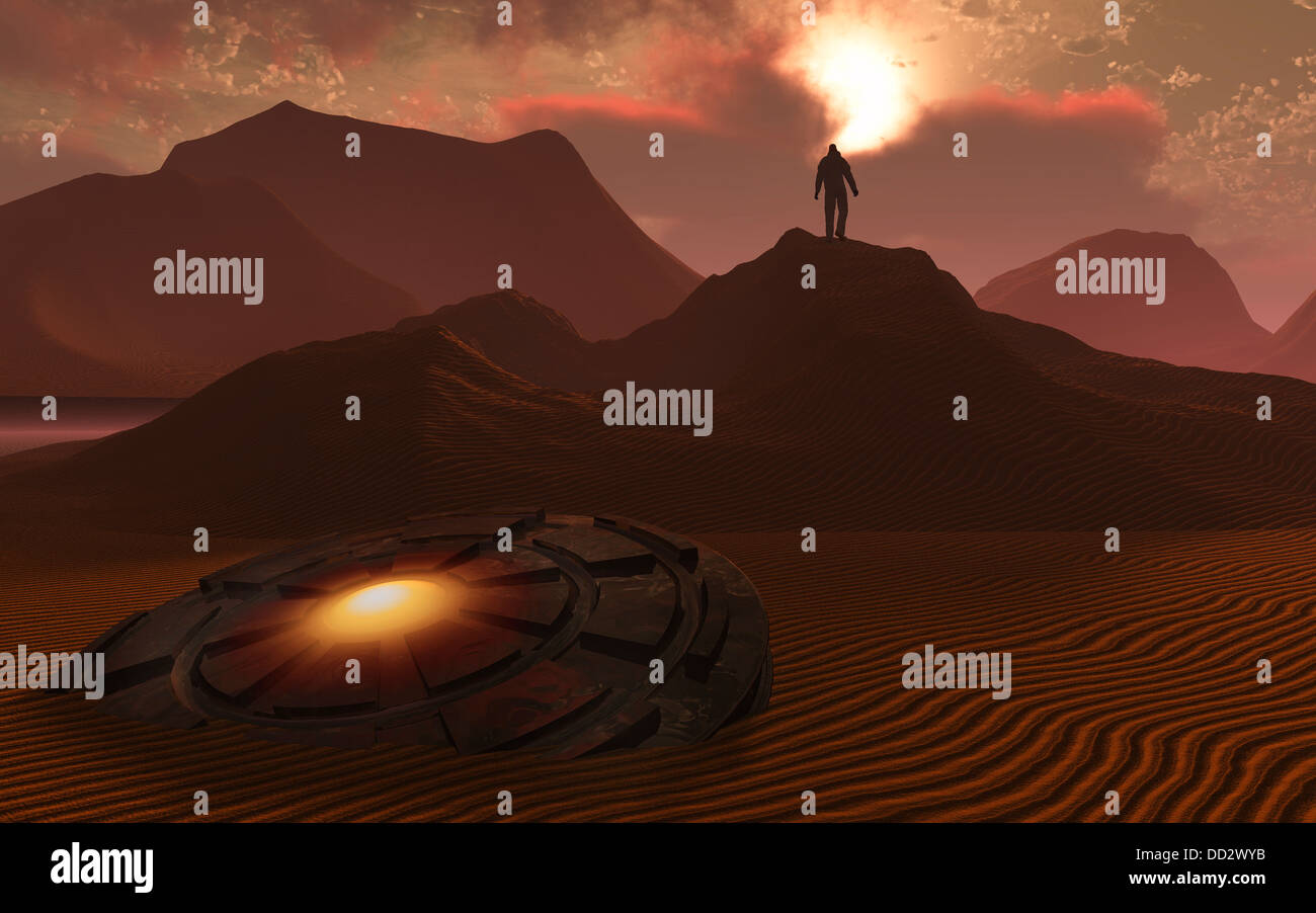 Una solitaria figura umanoide fregata su un alieno mondo del deserto. Foto Stock