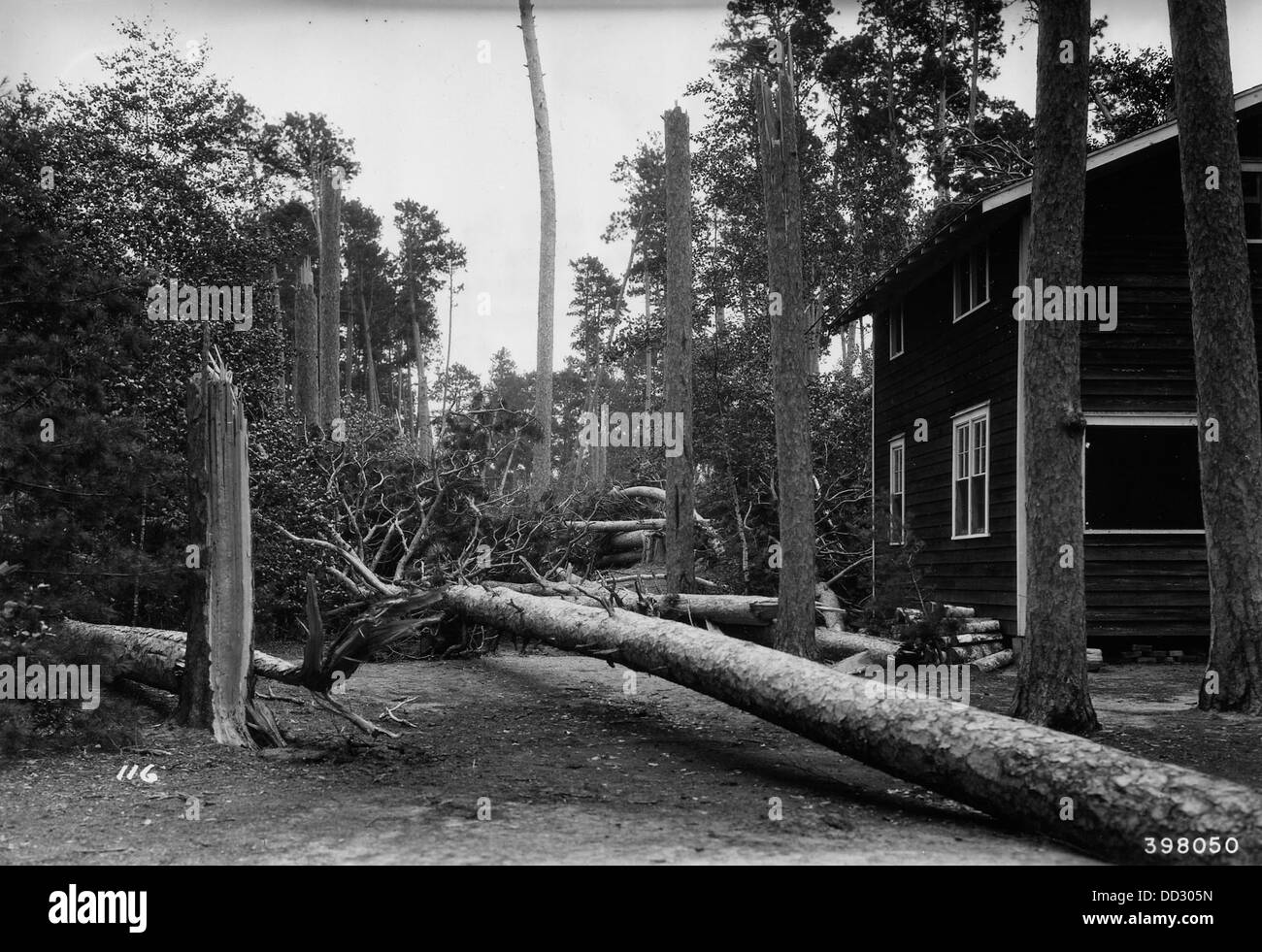 Questa immagine mostra i danni causati dalla tempesta, probabilmente causati da un grave evento meteorologico. La fotografia cattura l'impatto della tempesta sulle strutture e sui paesaggi naturali, evidenziando le conseguenze del disastro. Foto Stock