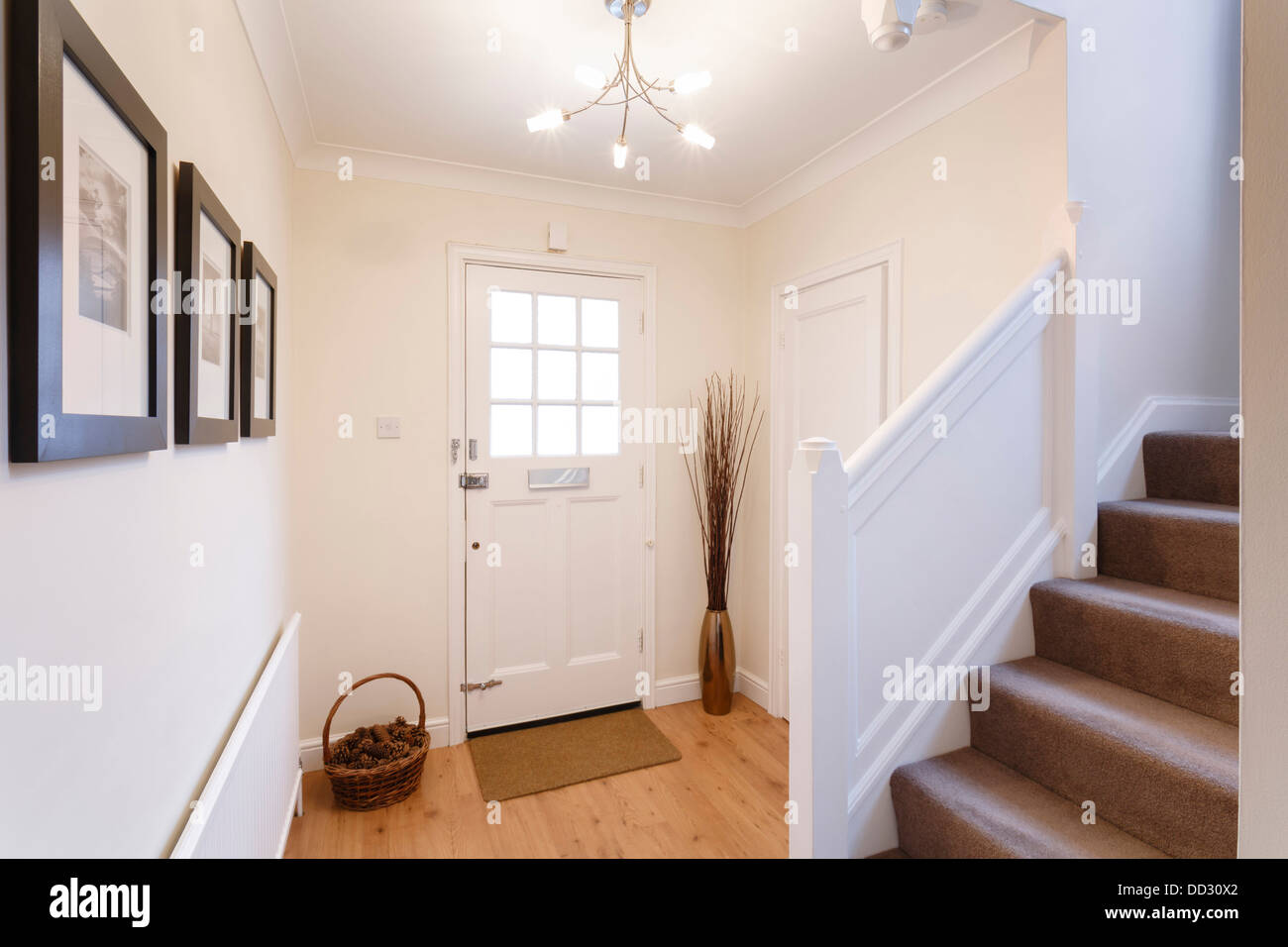 Home interno che mostra in corridoio e scale in moquette Foto Stock