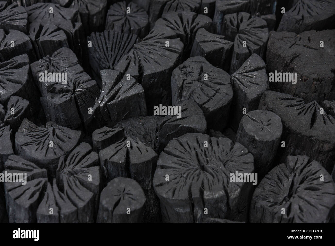 I registri di carbone di legna per la vendita in un mercato coreano Foto Stock