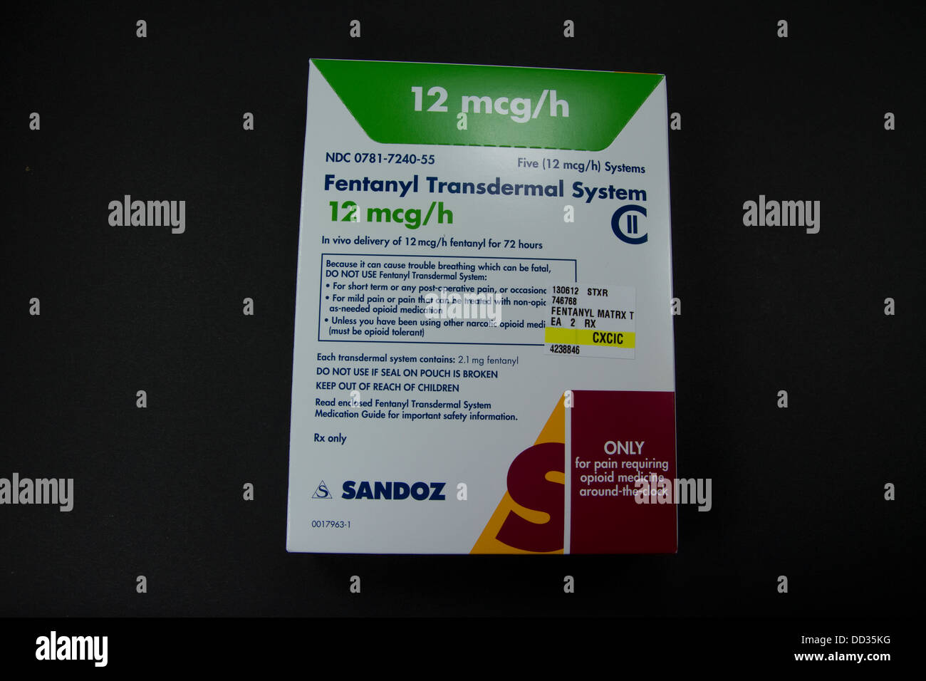 Le patch di fentanil. La prescrizione di antidolorifici che sono spesso oggetto di abusi da parte di tossicodipendenti. Molto potente medicina del dolore. Foto Stock