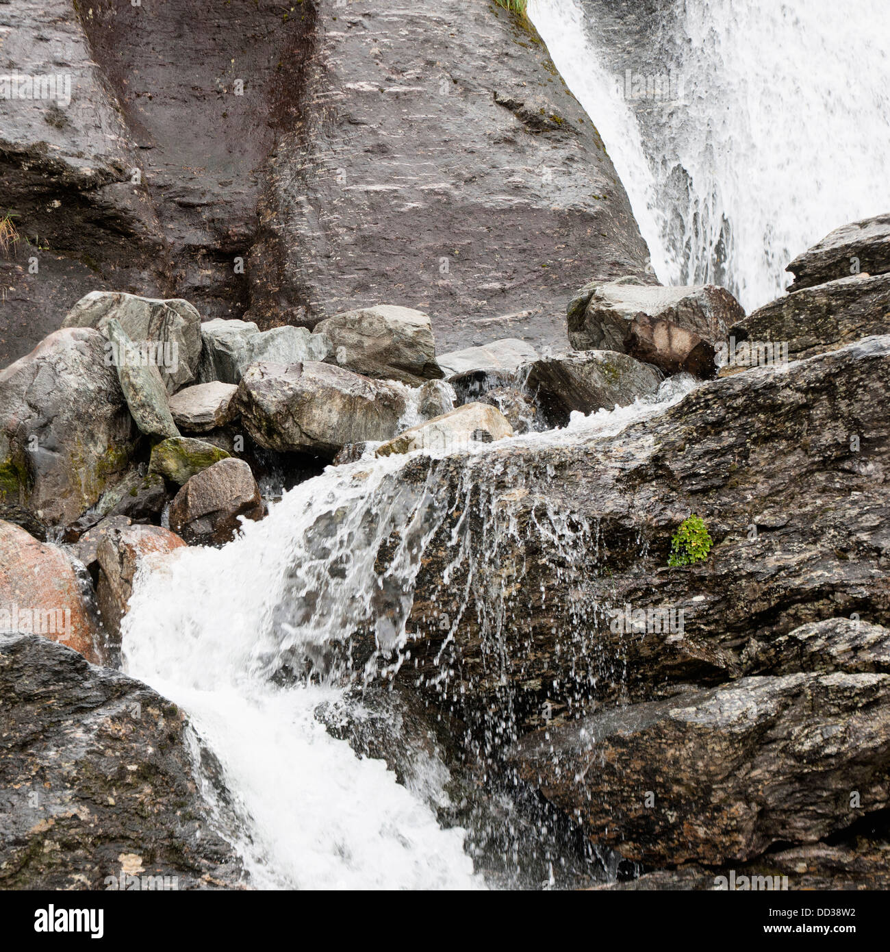 Cascate schizzi su rocce; Hardangervidda, Norvegia Foto Stock