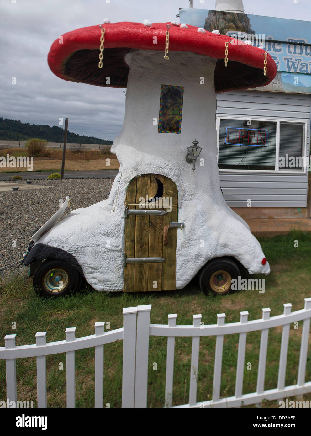 24 agosto 2013 - Sutherlin, Oregon, Stati Uniti - un piccolo veicolo appositamente predisposto per apparire come un grande fungo siede parcheggiata fuori la Oregon doni shop appena fuori la Interstate 5 in Sutherlin. Il proprietario del negozio di articoli da regalo, HARRY PINSENT, modificato un vecchio campo da golf cart per rendere il suo fungo del mobile. (Credito Immagine: © Robin Loznak/ZUMAPRESS.com) Foto Stock