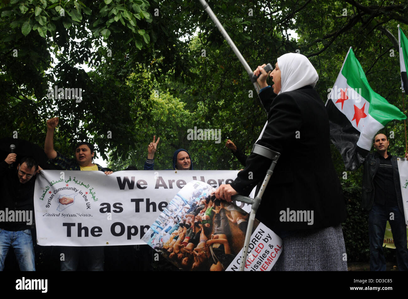 Londra, Regno Unito. 25 Ago, 2013. Manifestanti tenendo un cartelloni protestare contro delle armi chimiche di attacchi da parte del Presidente Assad in Siria in precedenza questa settimana al di fuori dell'ambasciata americana a Londra. Credito: Vedere Li/Alamy Live News Foto Stock