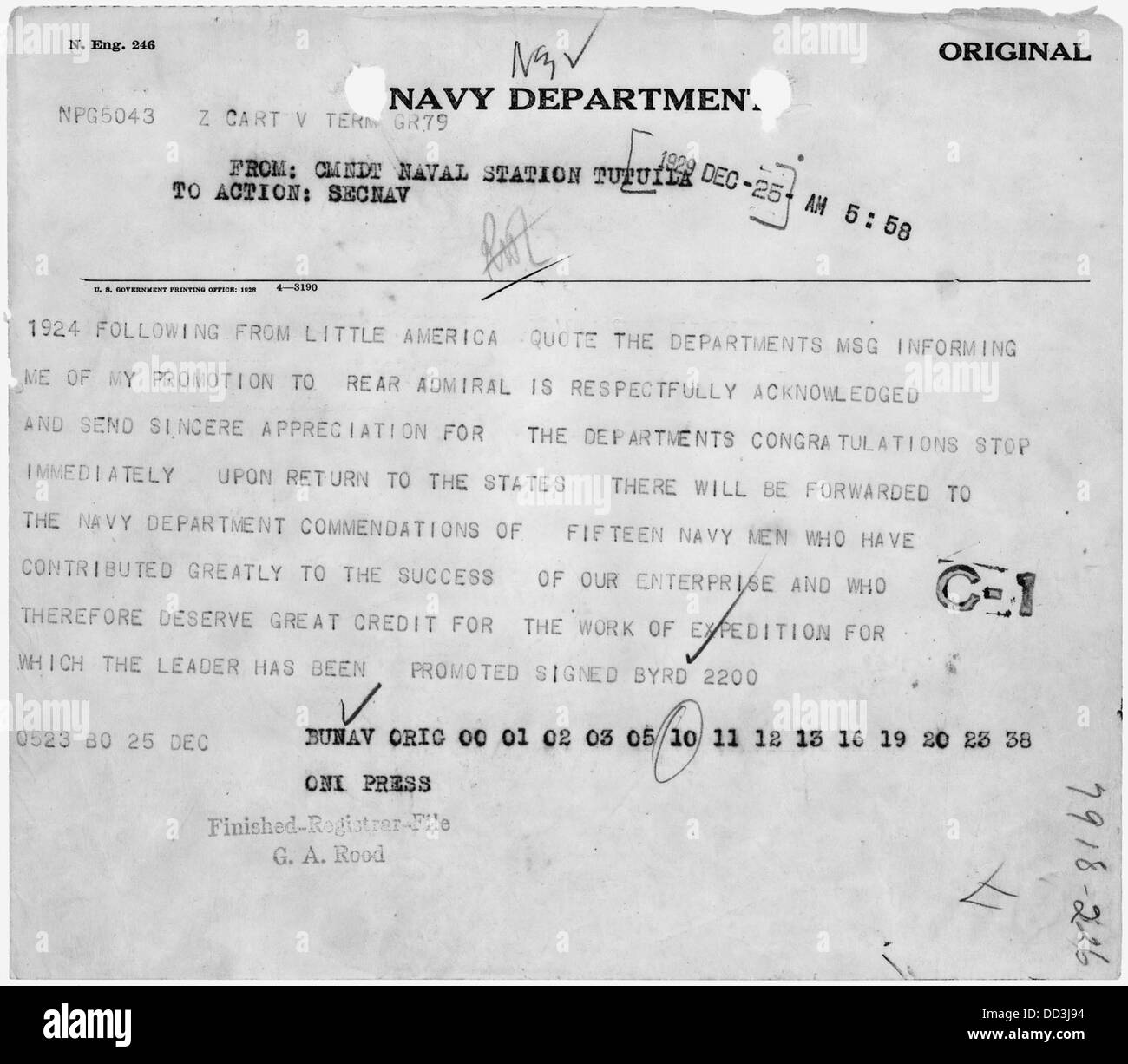 Un telegramma del contrammiraglio Richard E. Byrd riconosce la sua promozione a un rango più alto, evidenziando i suoi successi nella Marina degli Stati Uniti e i suoi contributi all'esplorazione polare. Foto Stock Un telegramma del contrammiraglio Richard E. Byrd riconosce la sua promozione a un rango più alto, evidenziando i suoi successi nella Marina degli Stati Uniti e i suoi contributi all'esplorazione polare. Foto Stock