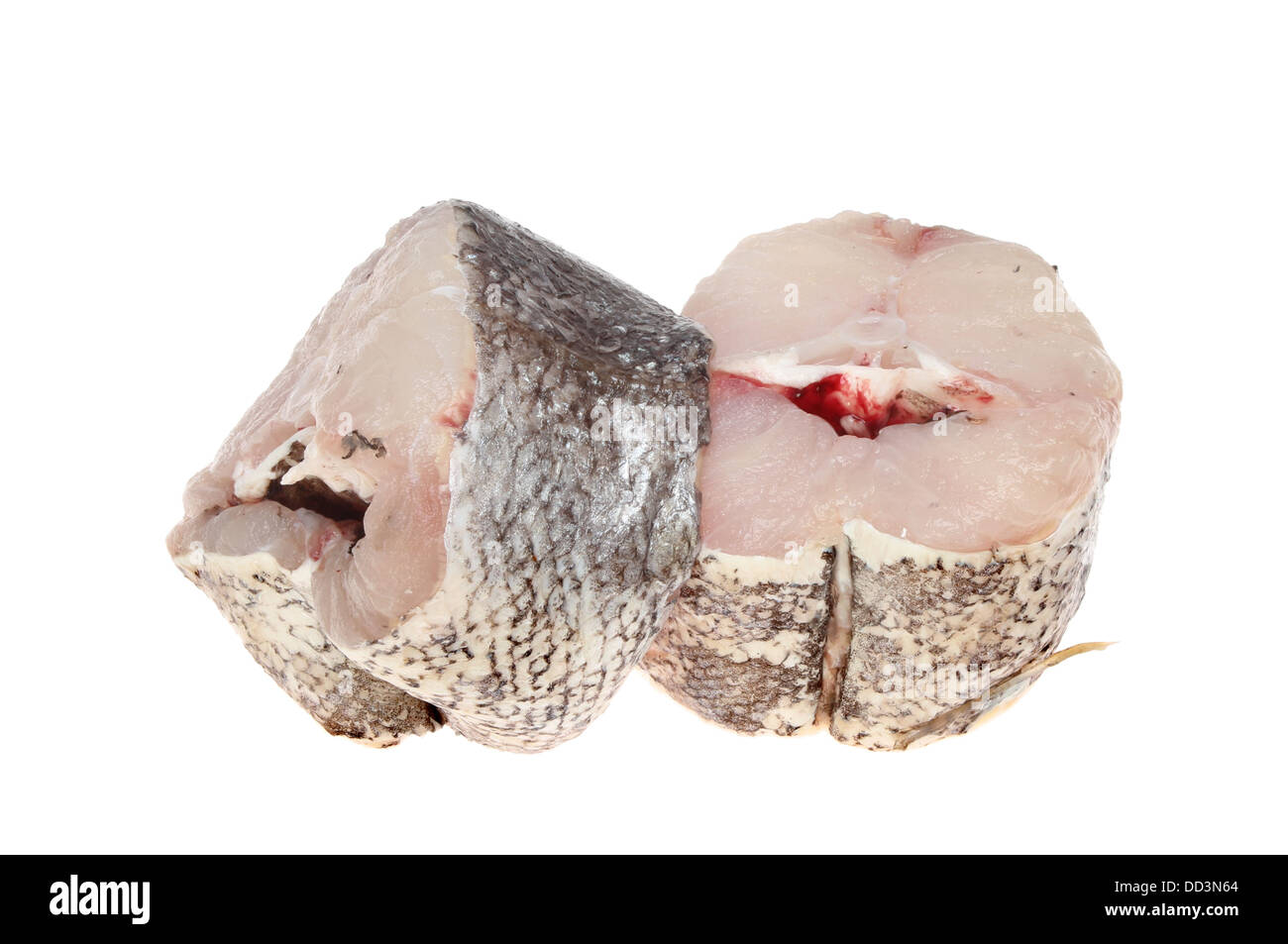 Due materie nasello pesce bistecche isolata contro bianco Foto Stock
