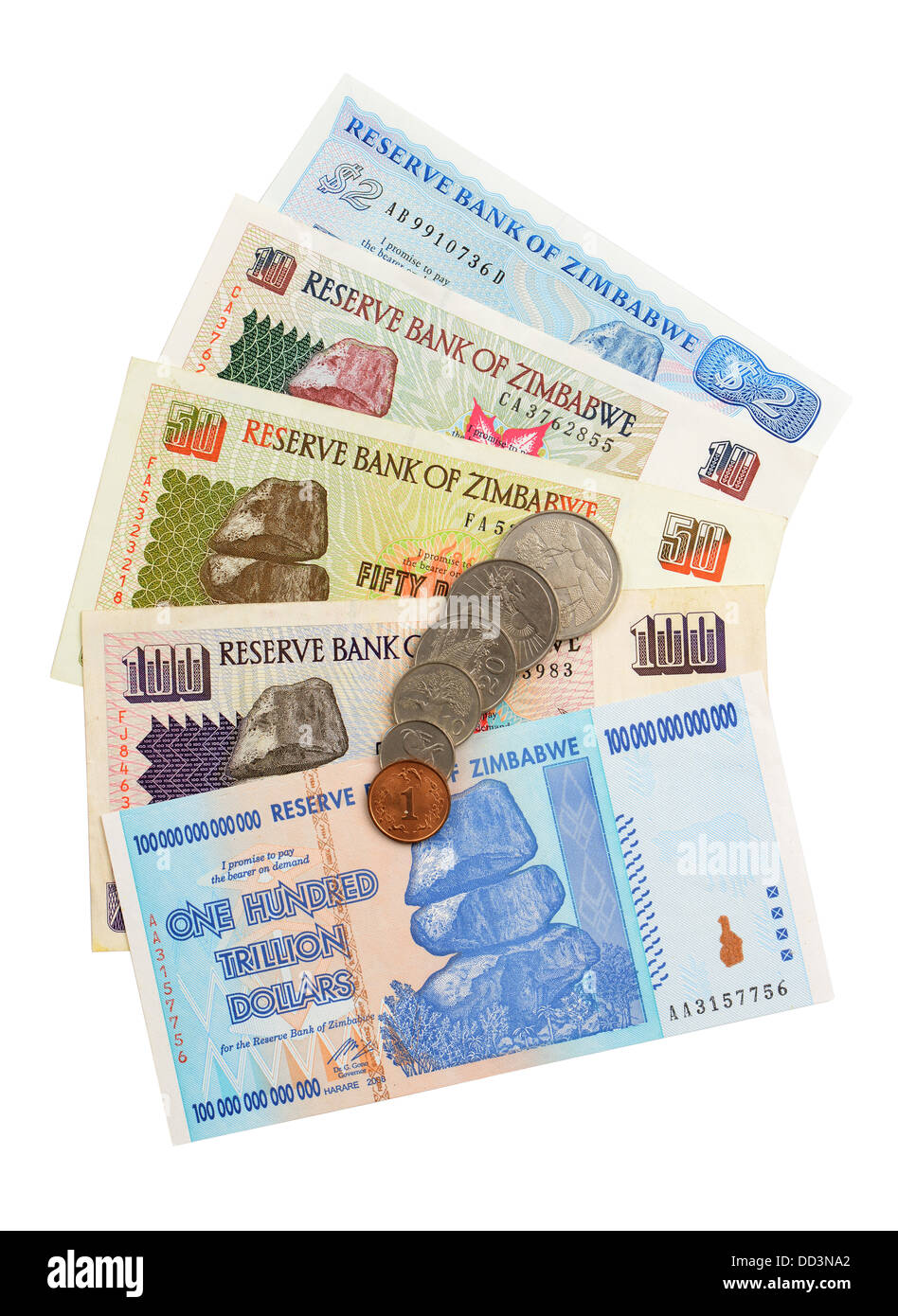 Un centinaio di trilioni di dollari di banca nota, un centinaio di trilioni di dollari dello Zimbabwe nota banca, inflazione, valuta Foto Stock