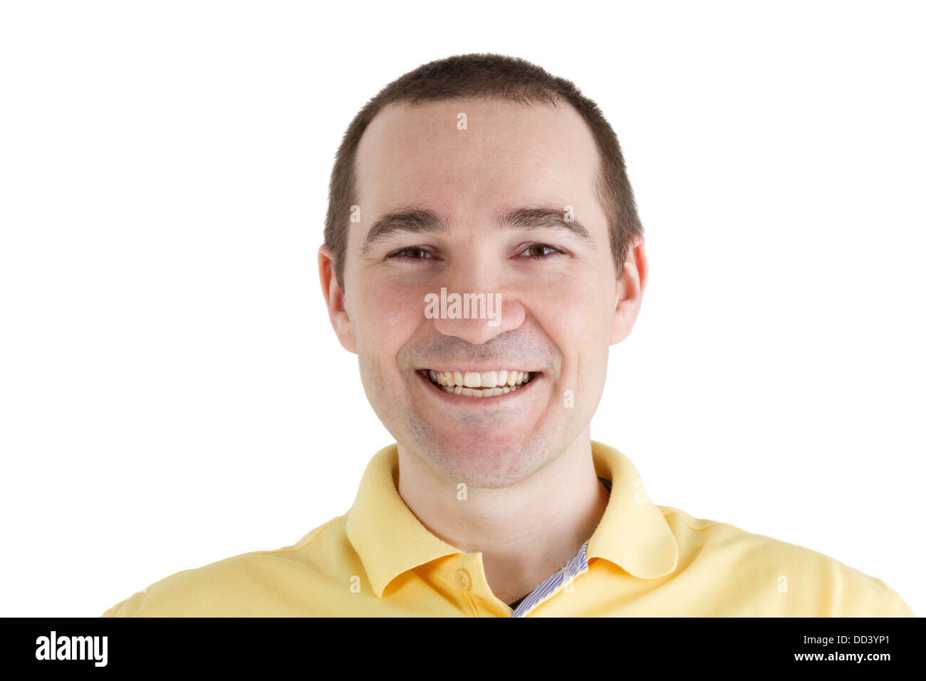 Uomo con un sorriso sul suo volto su sfondo bianco Foto Stock